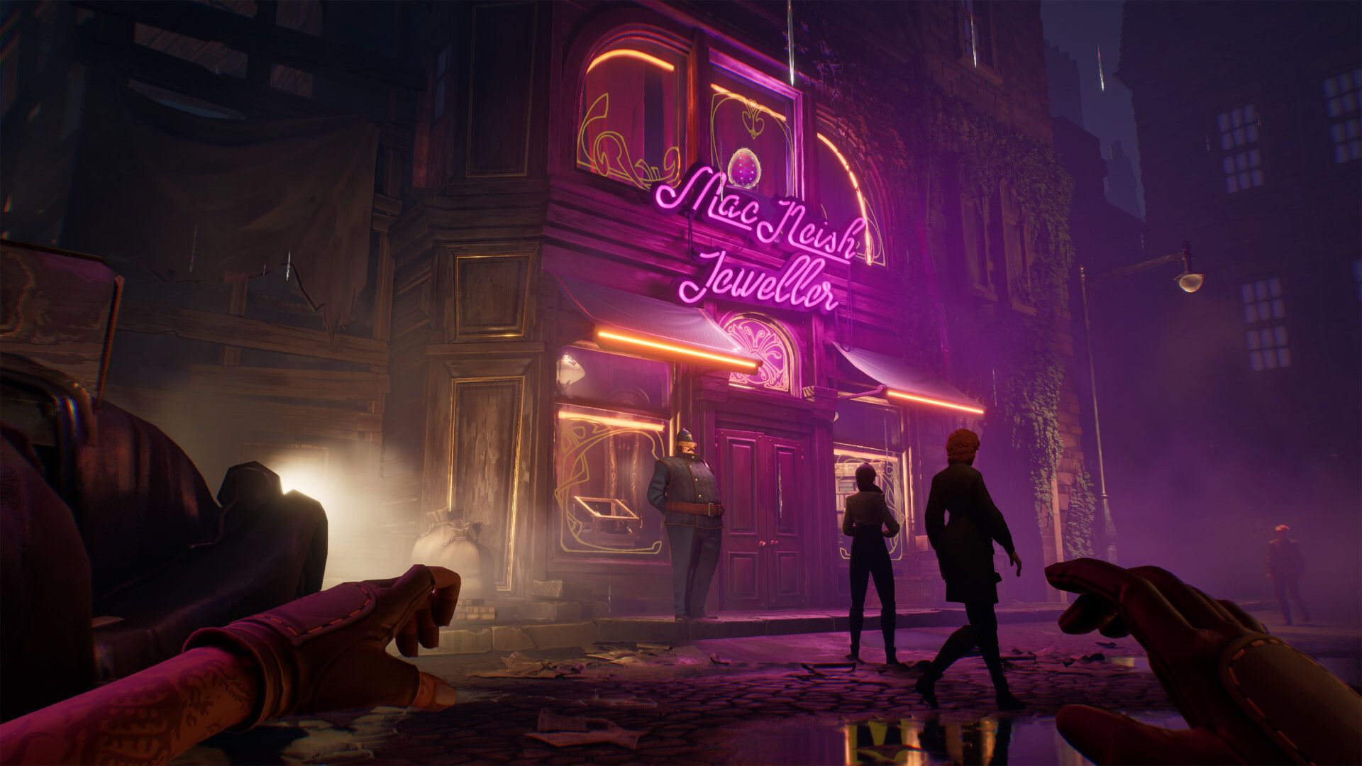  A gameplay moment from Thick as Thieves, where the protagonist crouches and watches a jewelry store.