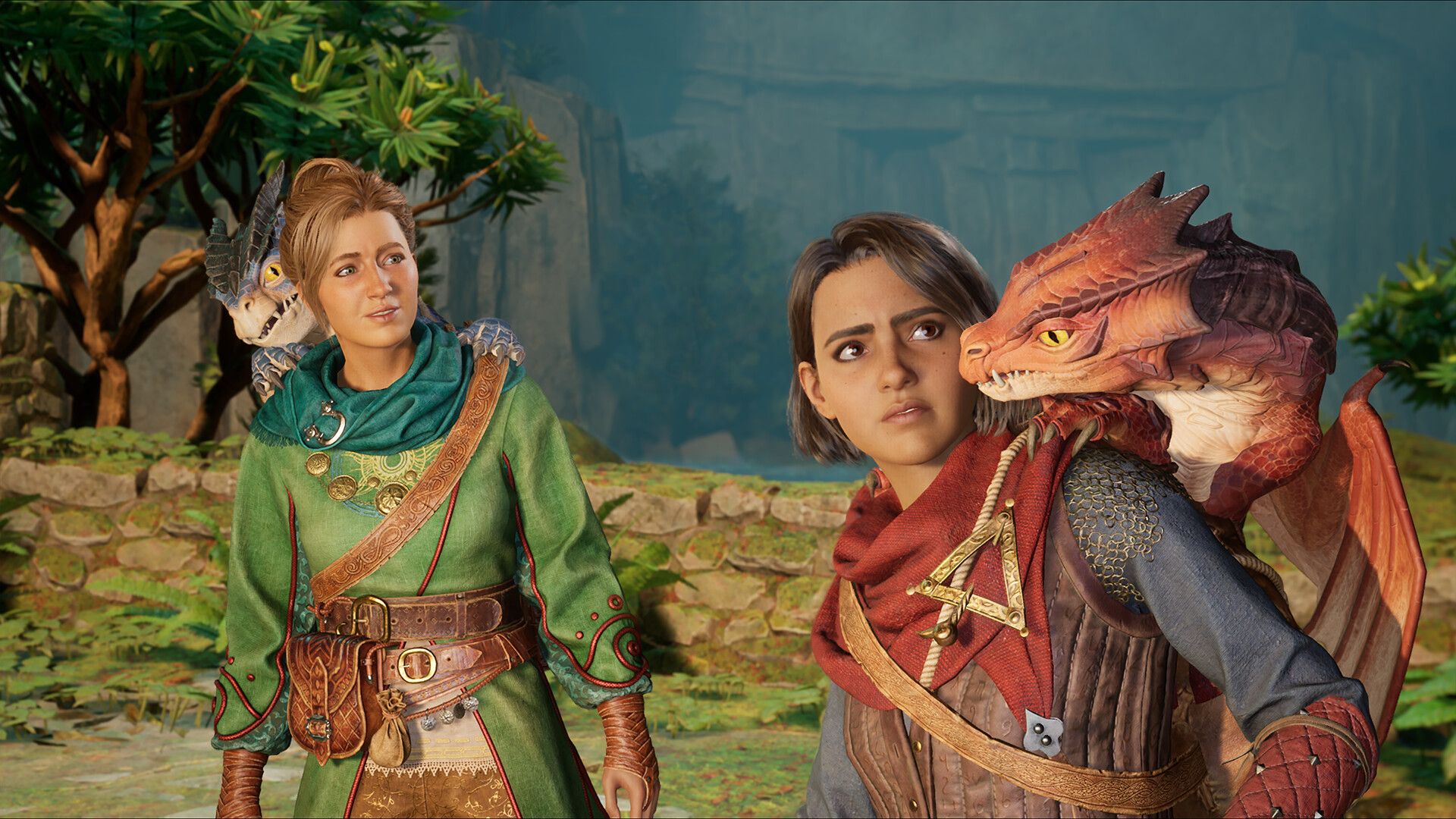  A screenshot from Split Fiction, where the two protagonists carry small dragons on their shoulders.