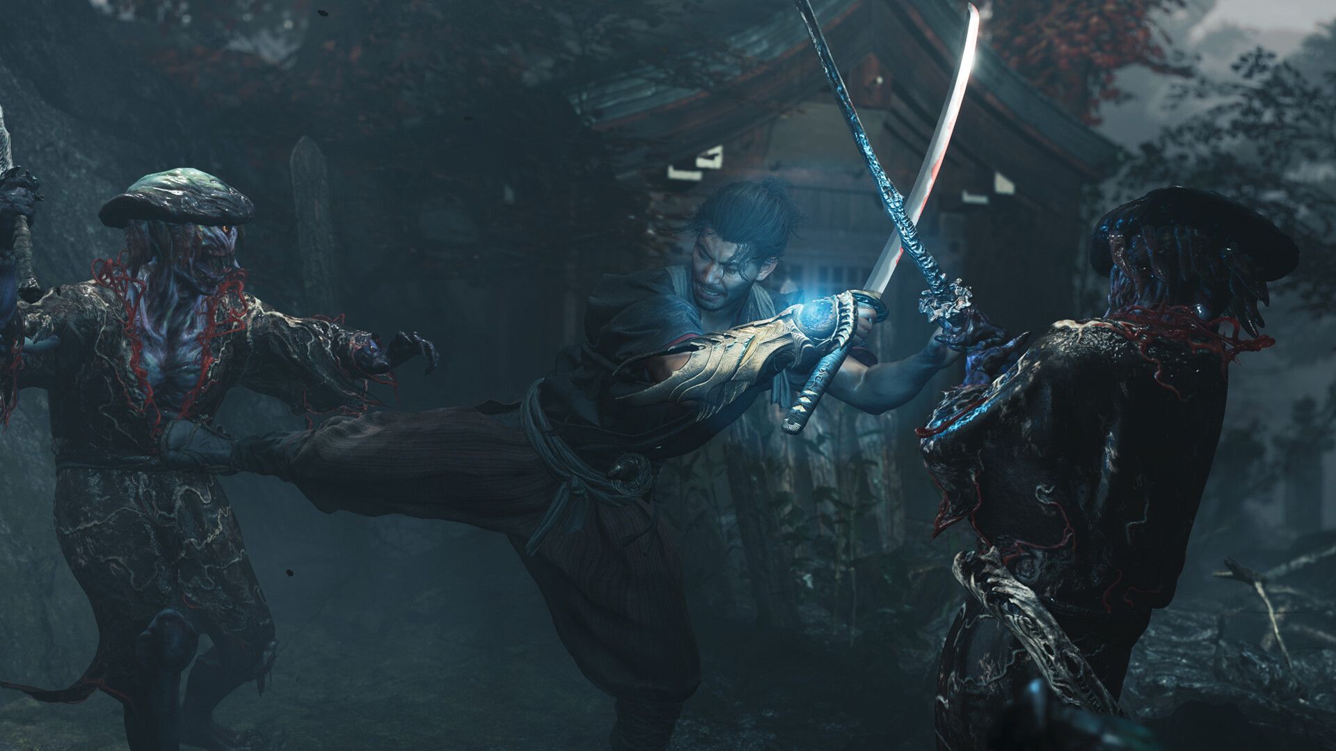 A screenshot from Onimusha: Way of the Sword, feautring the protagonist fighting against enemies in a battle.