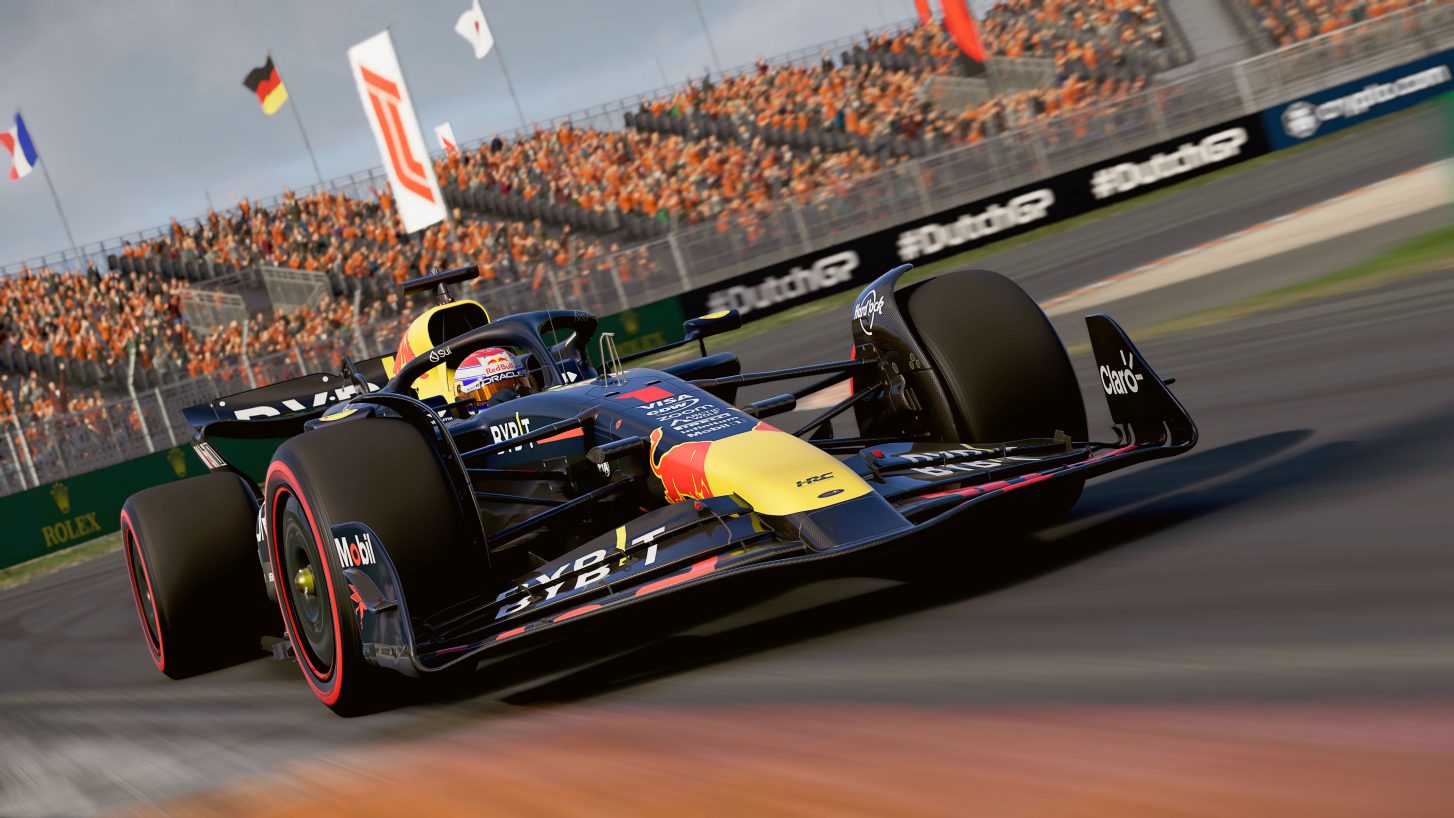 An F1 race car speeds through the Dutch GP in Codemasters' F1 25