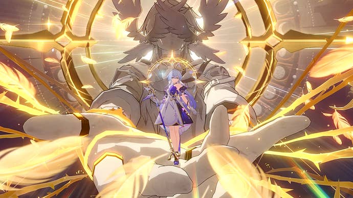 Robin from Honkai Star Rail, standing on the hands of a giant mechanical god-slash-conductor as a rain of golden feathers flutters around her