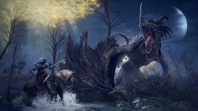 The Tarnished fights Flying Dragon Agheel while on horseback in promotional artwork for Elden Ring