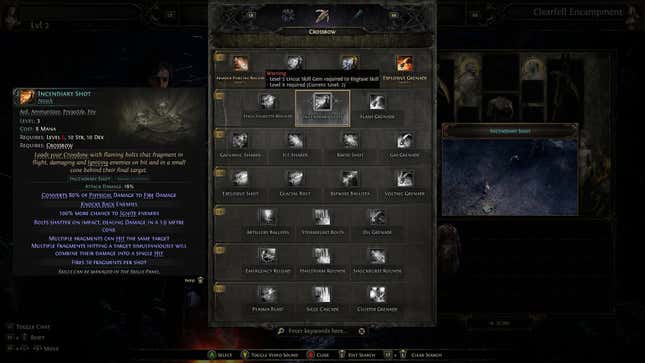 A screenshot shows the Incendiary Shot skill for Mercenary in Path of Exile 2.