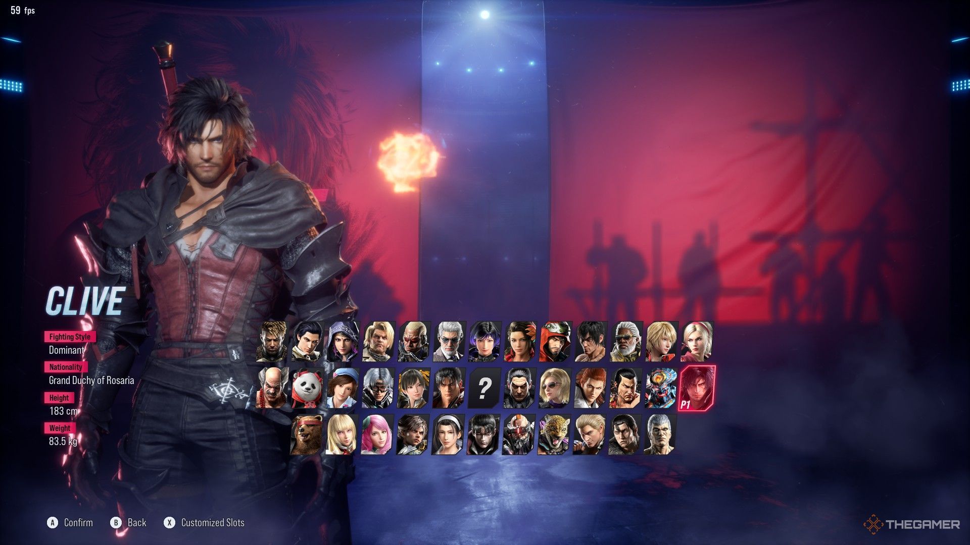 The image shows Clive Rosfield has been selected from the Character Select screen in Tekken 8.