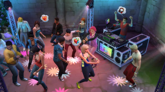 A night-time rave in a European castle in The Sims 4.