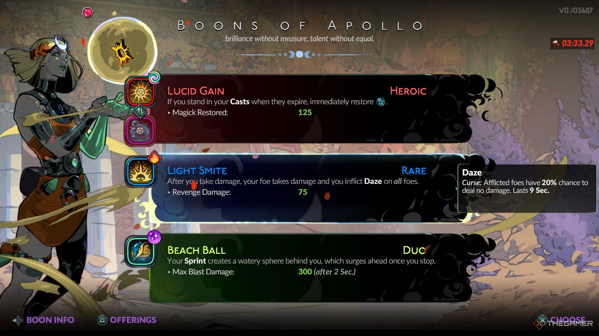 Boons of Apollo in the Trial of Haste. The options are Lucid Gain, Light Smite, or Beach Ball. Light Smite is selected.