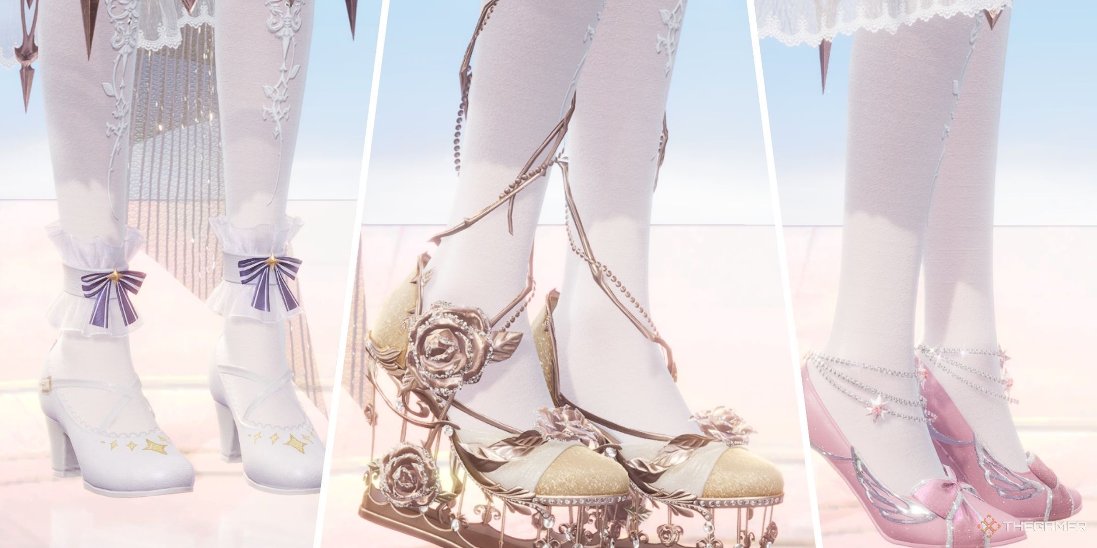 The Starry Steps, Goldleaf Ascent, and Ripple Tracker shoes are shown in Infinity Nikki.