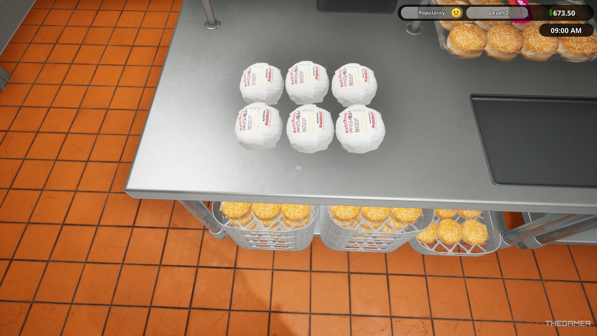 The image shows six wrapped up burgers in Fast Food Simulator.