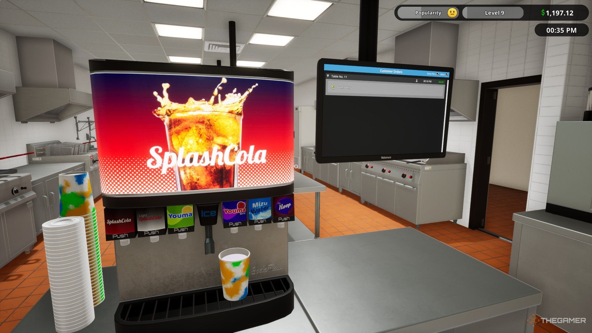 The player is filling up a drink with a screen showing the order details on the side in Fast Food Simulator.