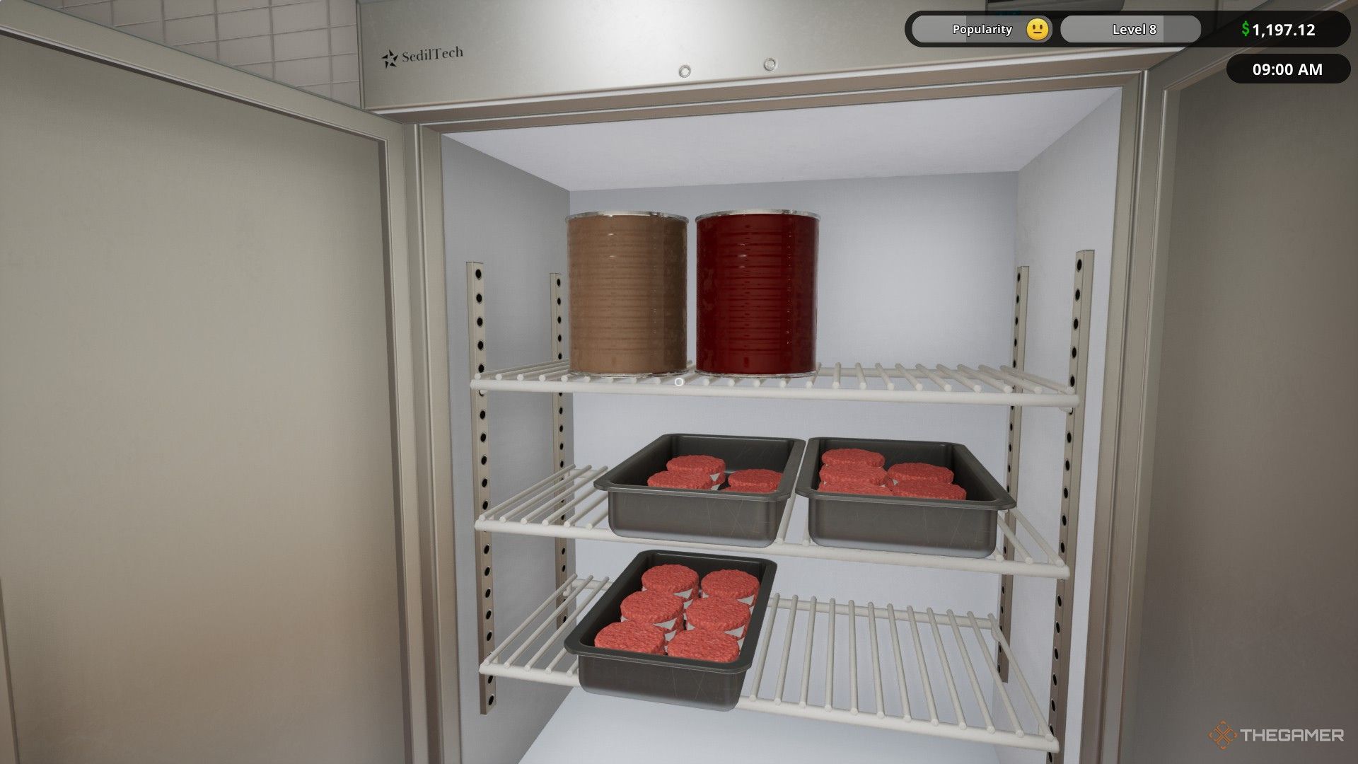 The image shows beef burger patties, ketchup and mayonnaise cans inside a fridge in Fast Food Simulator.