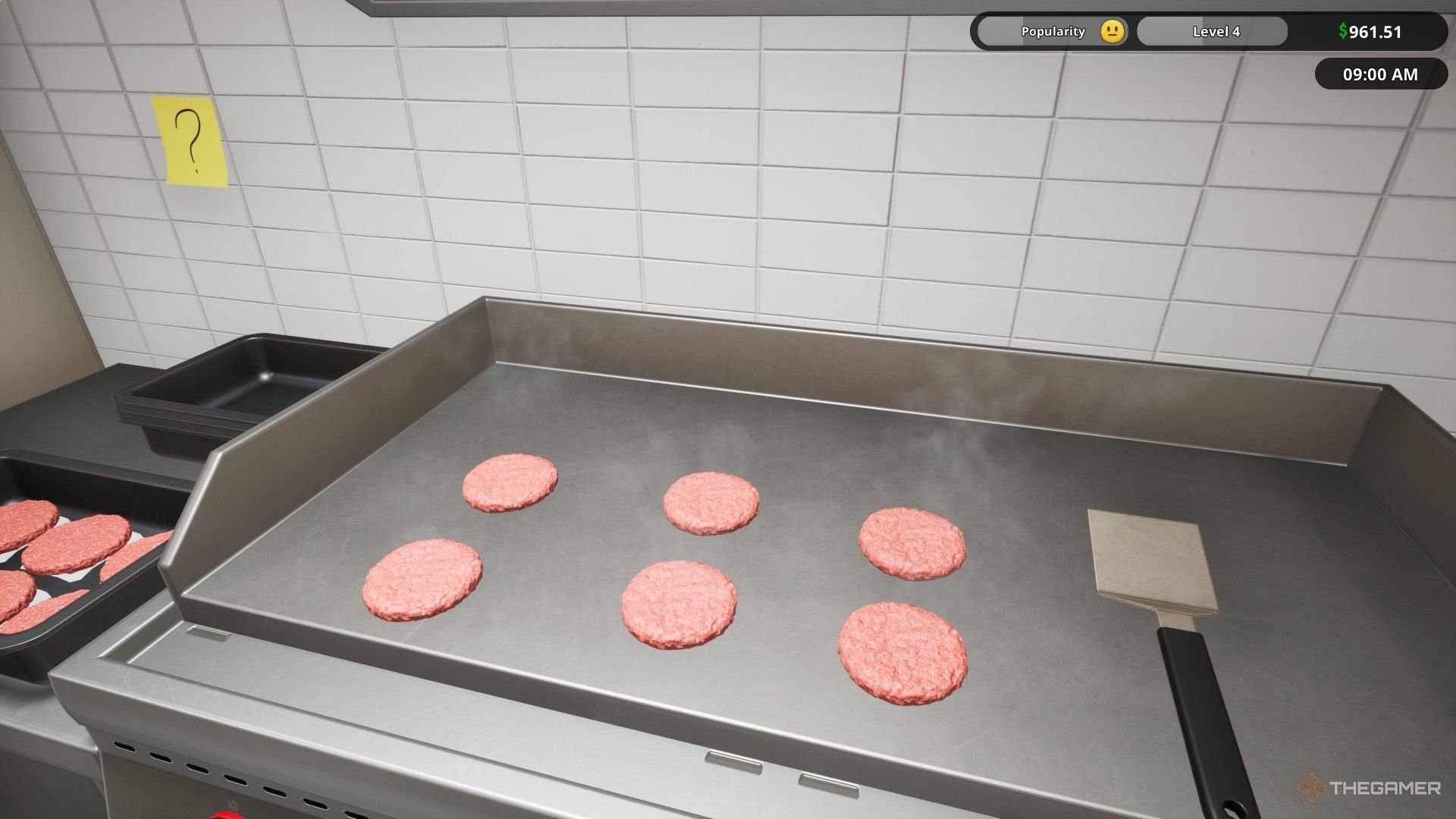 The player is cooking six beef burger patties at once in Fast Food Simulator.