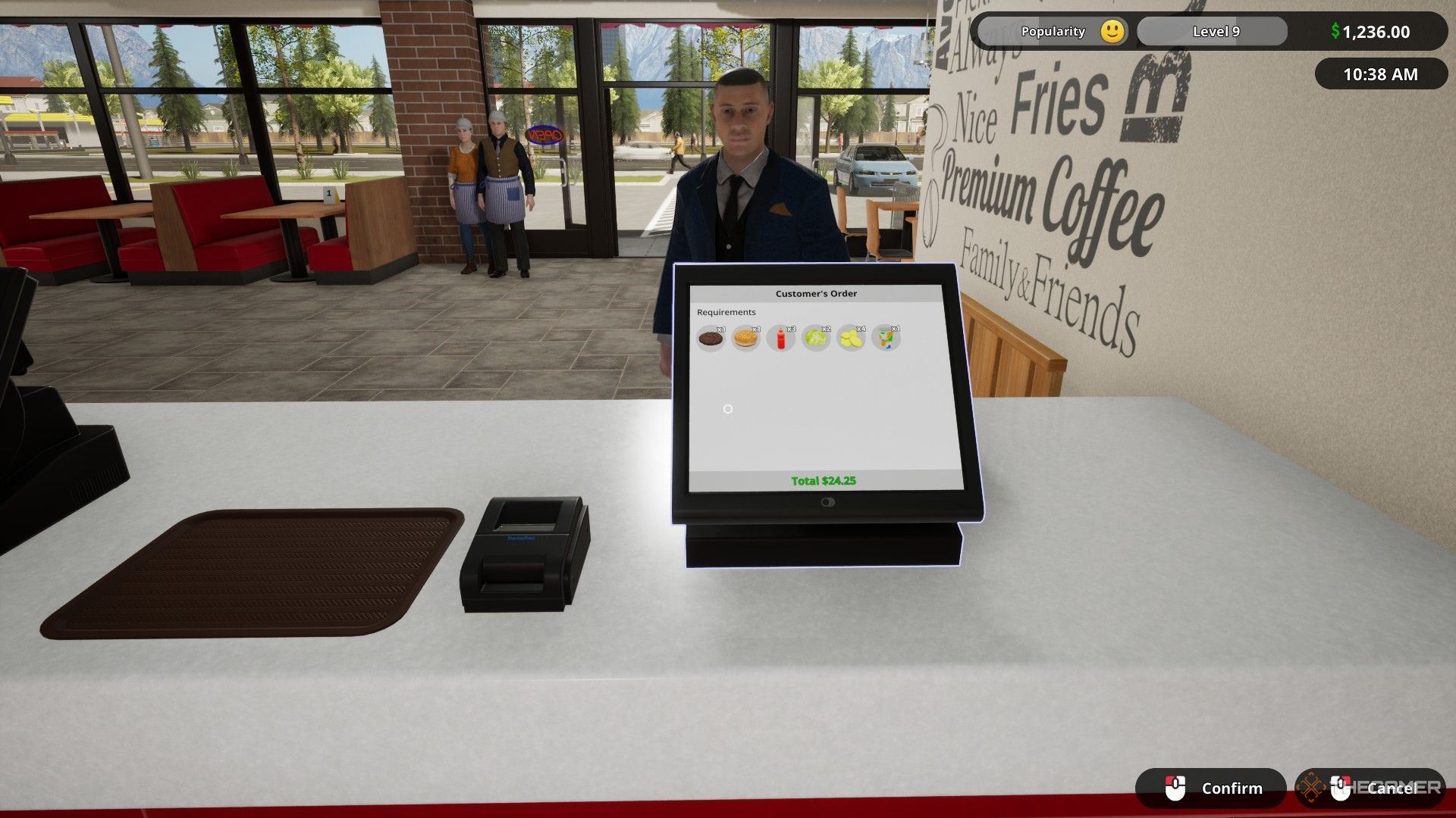 The image shows the player is receiving an order from a customer in Fast Food Simulator.