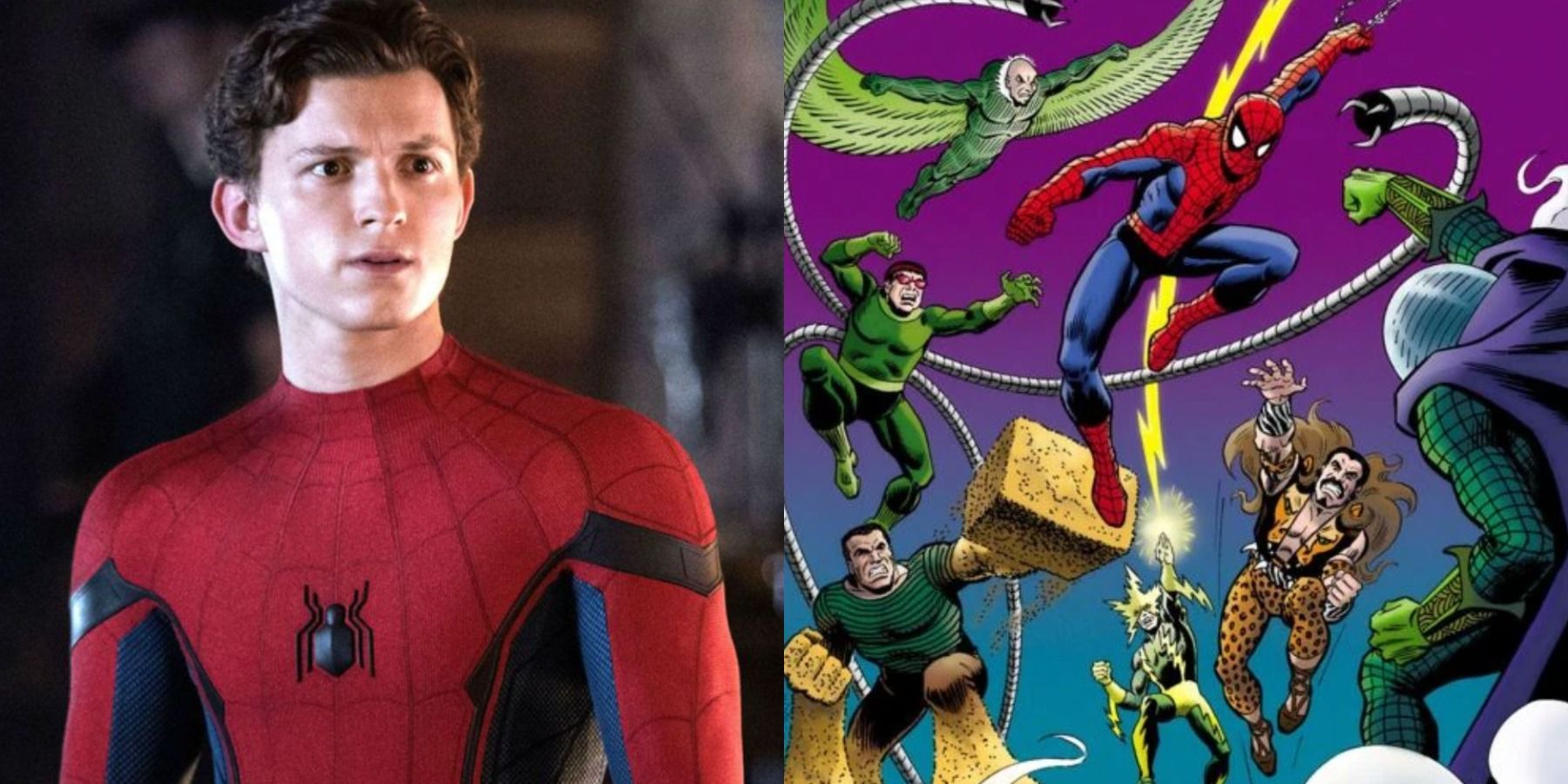 A split image depicts Tom Holland as Spider-Man without his mask and the original Sinister Six lineup fighting Spider-Man in Marvel comics