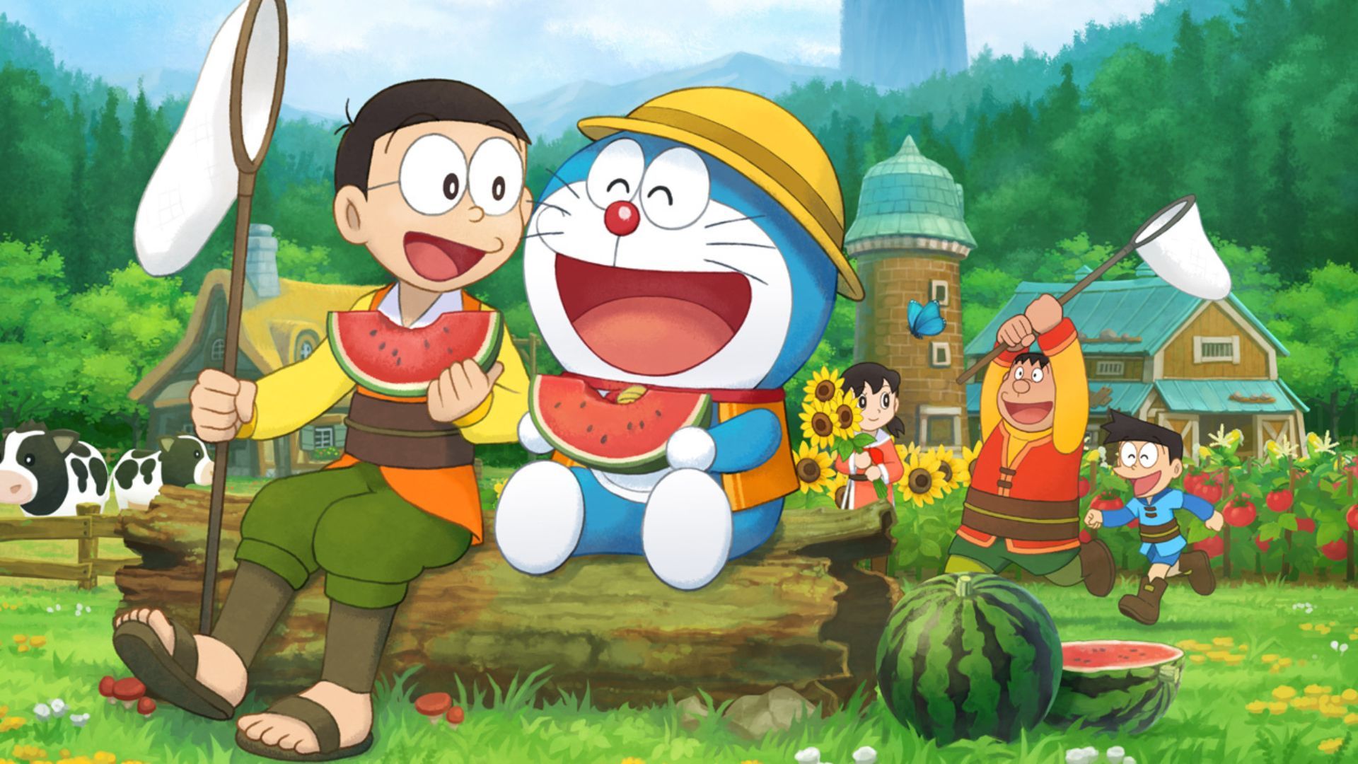 Doraemon from Doraemon eating a watermelon.