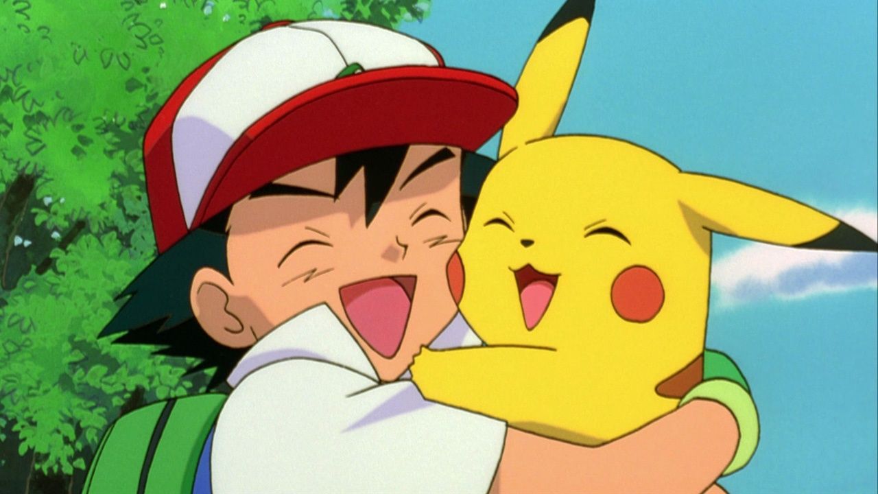 Ash and Pikachu hugging in the Pokemon anime.