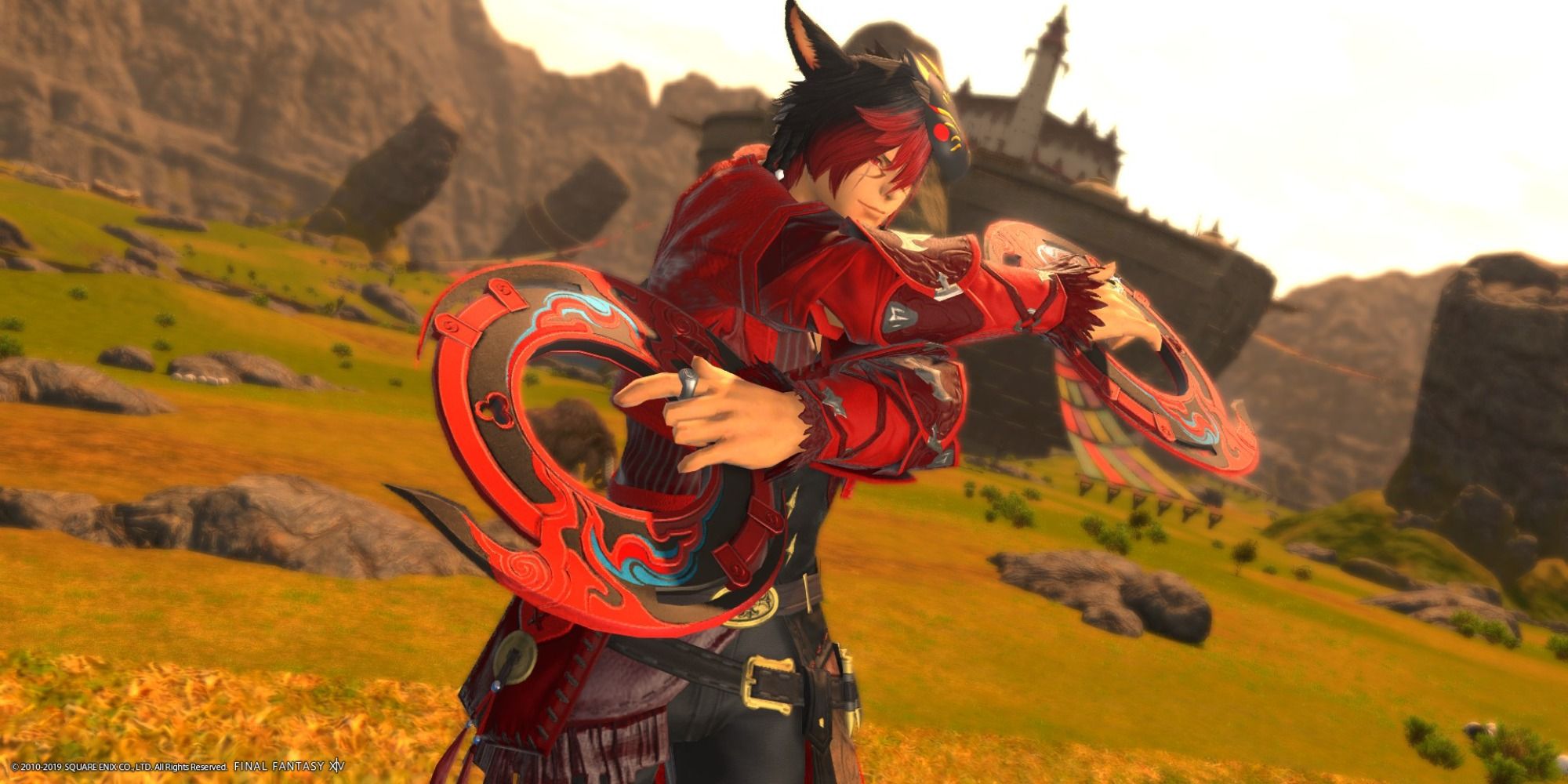 A male Miqote Dancer in Final Fantasy 14 crossing his arms with weapons on display.