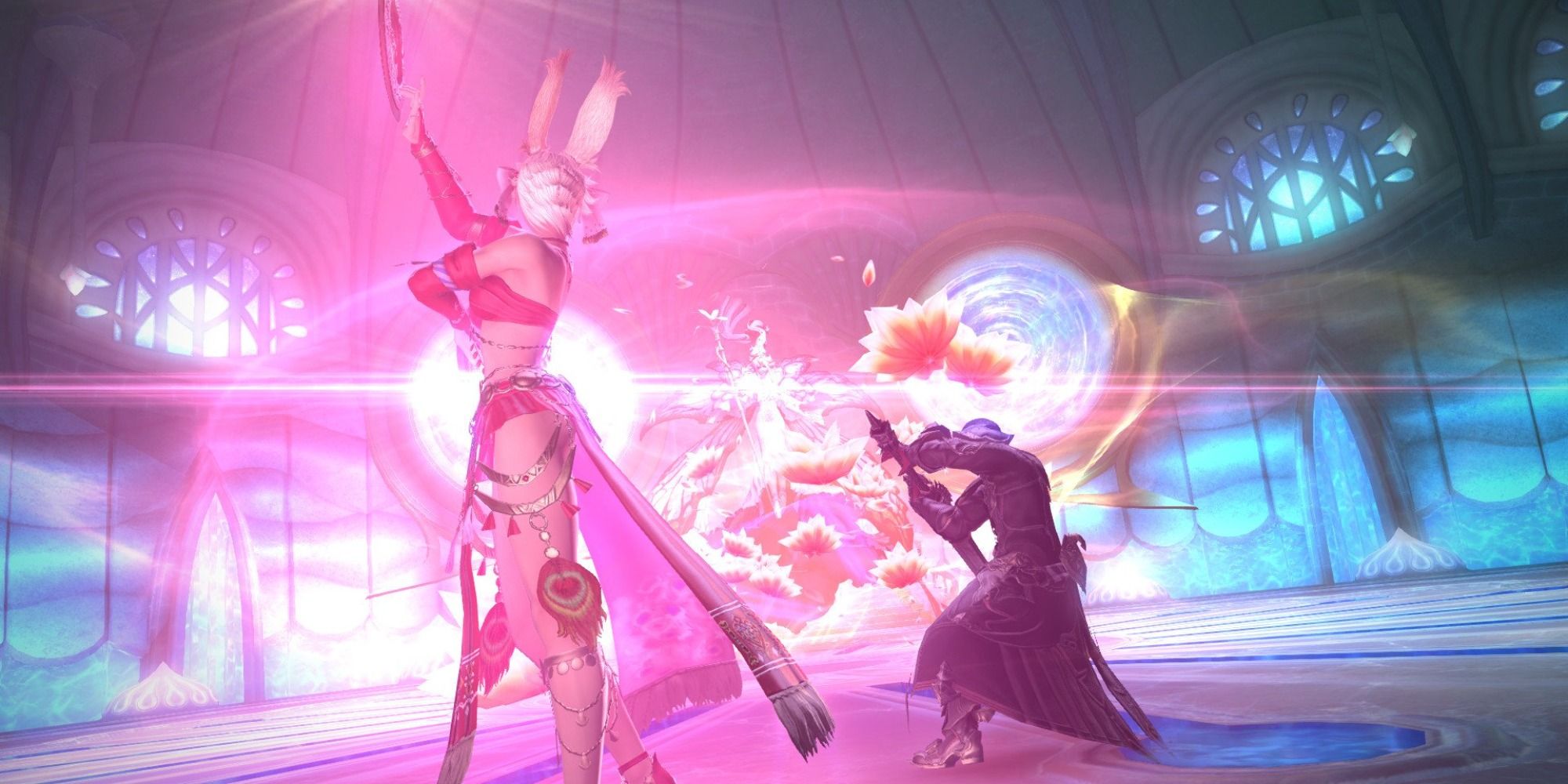 A Dancer and her Dance Partner posing side by side in Final Fantasy 14.