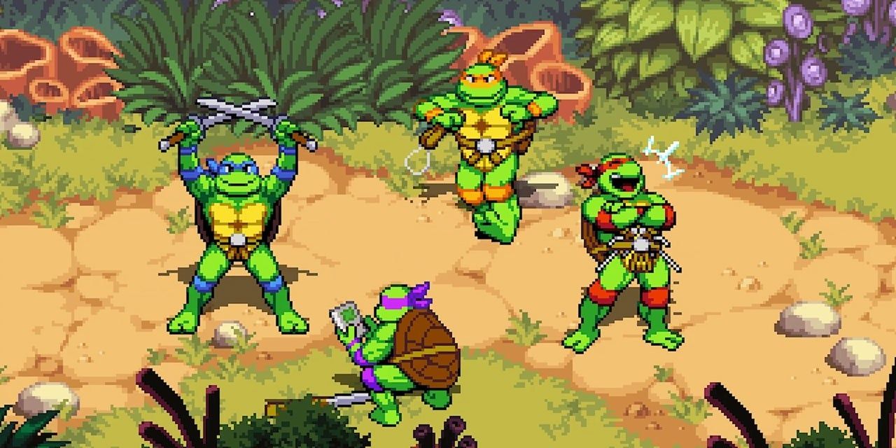 A screenshot showing Leonardo, Michaelangelo, Donatello and Raphael performing taunts in Teenage Mutant Ninja Turtles: Shredder's Revenge.