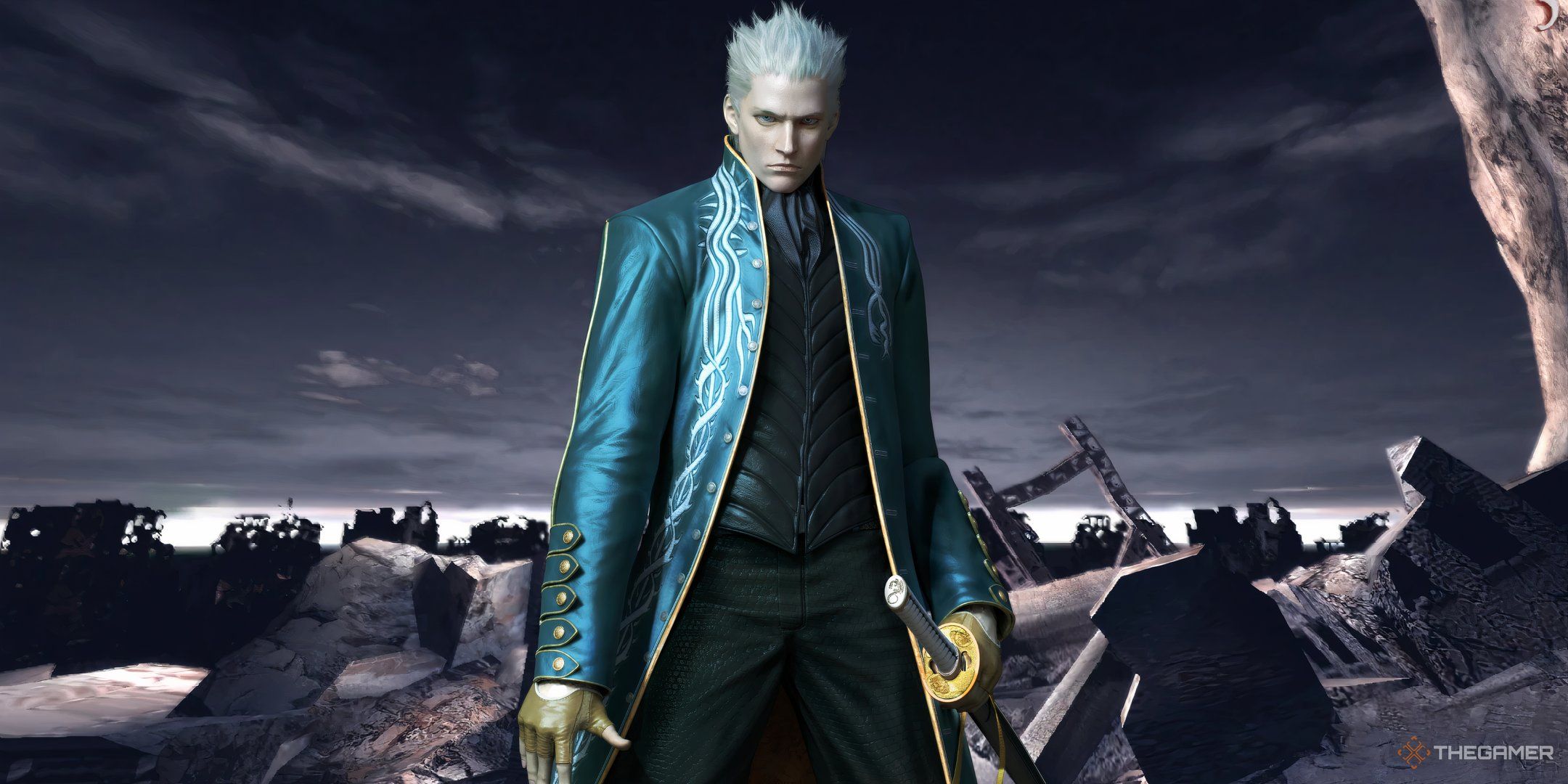 Devil May Cry 3 Vergil standing in front of a ruined village.