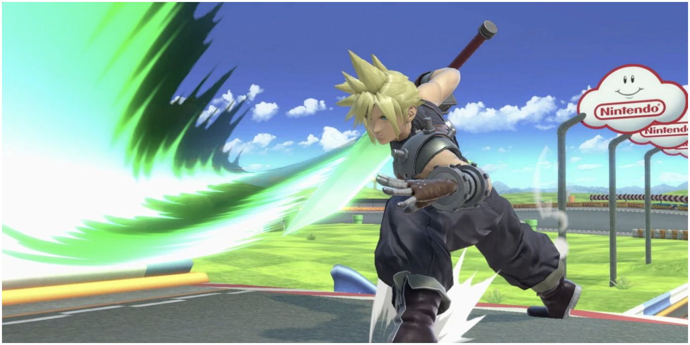 Cloud wielding the buster sword in super smash bros ultimate.