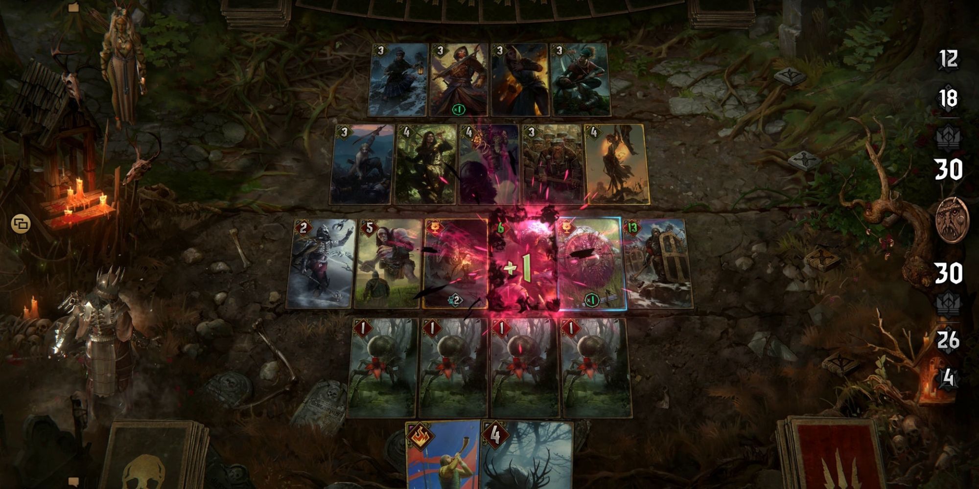 A purple effect being used on a card in the front row in a game of Gwent.