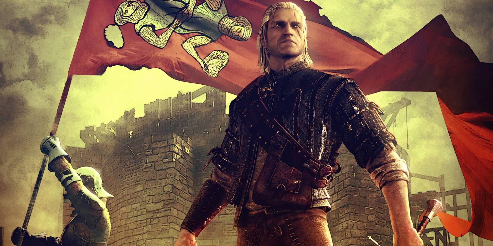 Geralt standing in front of a figure holding a banner in front of a castle in The Witcher 2 Assassins of Kings