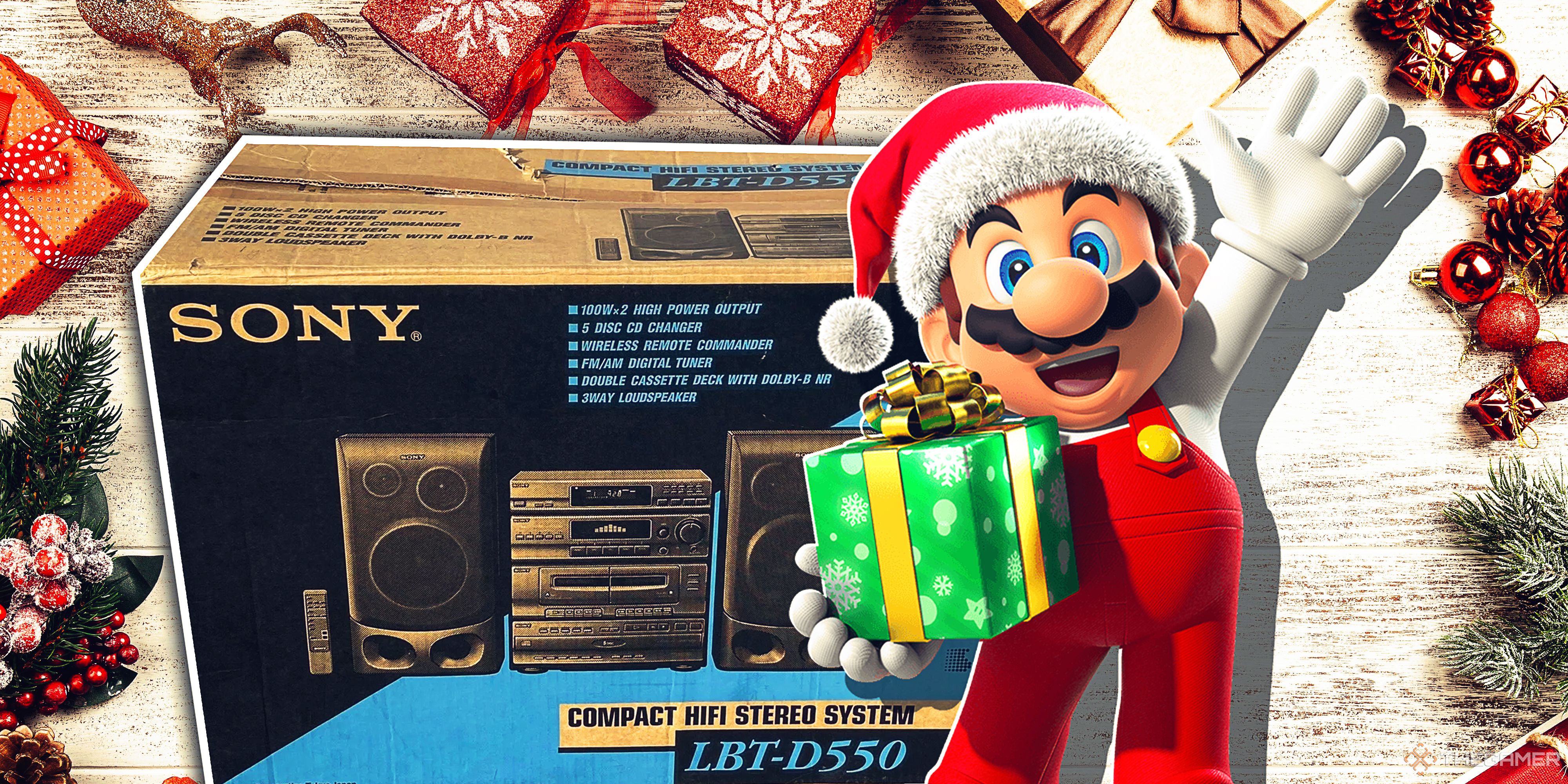 Mario in a Santa hat holding a green and gold Christmas present with a Sony stereo box in the background.