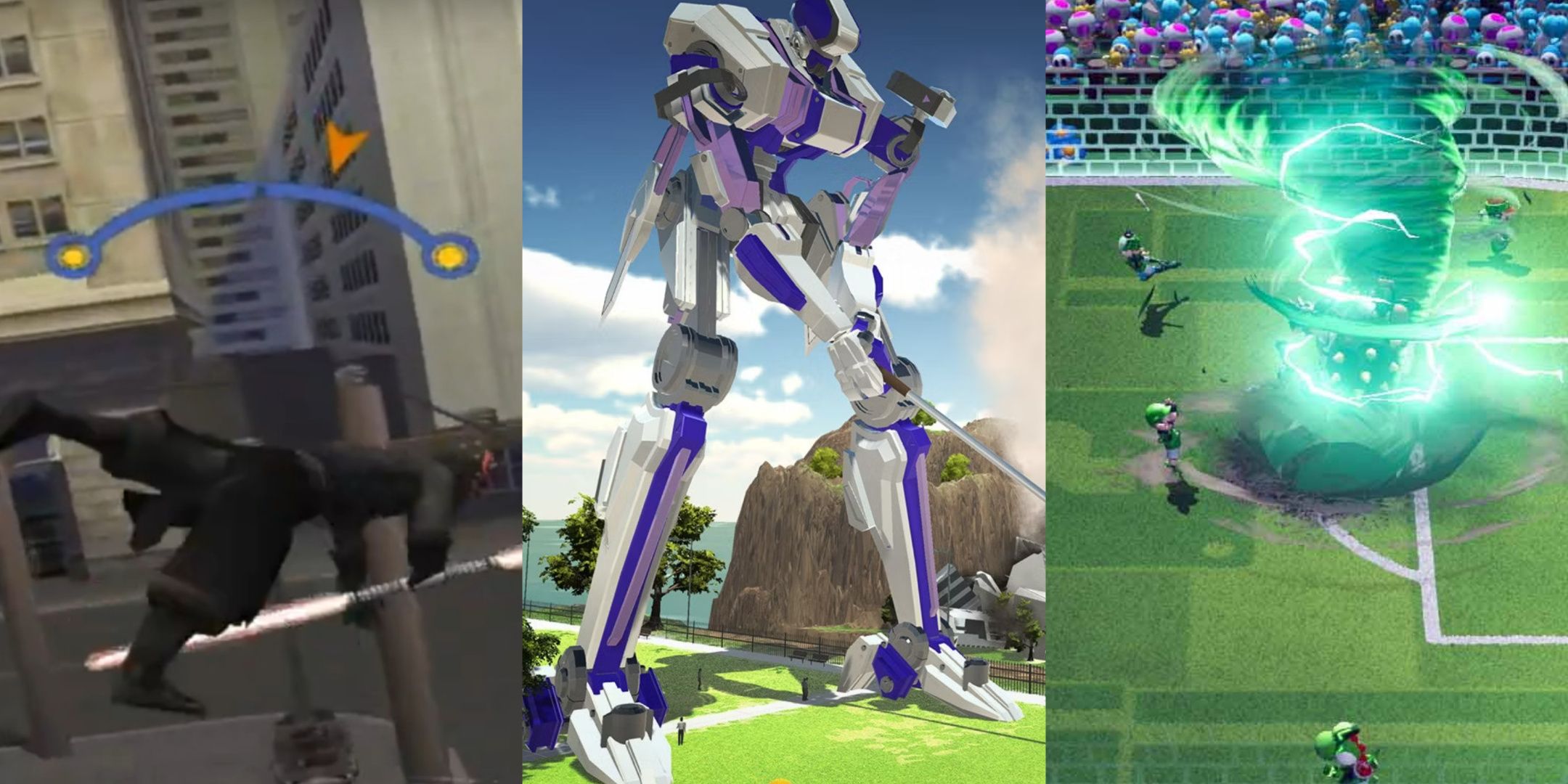 Left to right, Darth Maul doing tricks in THPS3, a mecha prepping a golf swing in 100ft Robot Golf, Luigi kicking a ball into a whirlwind in Super Mario Strikers: Battle League