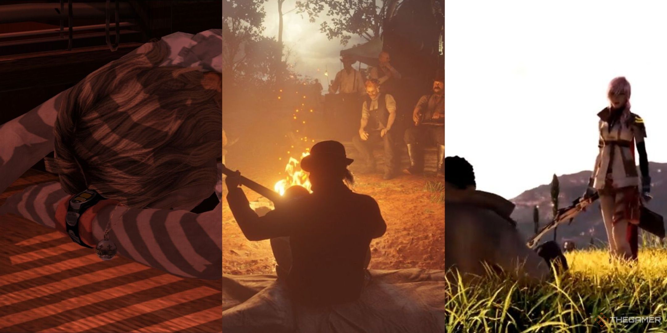 Heather asleep in a diner in silent hill 3, a campfire scene with many people in red dead redemption 2, and lightning standing over the character snow in final fantasy 13, left to right.