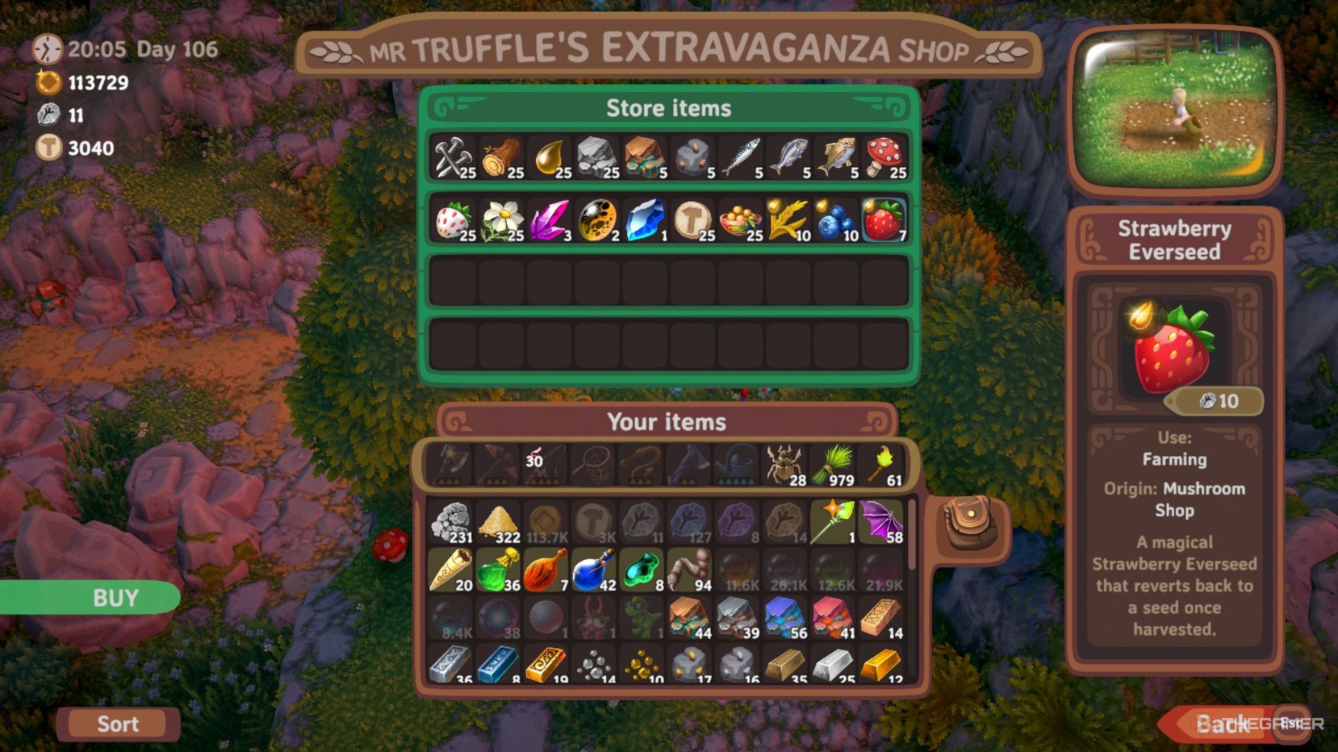 Menu view of the Mushroom Man's shop in the Farm showing a full inventory of items in Luma Island.