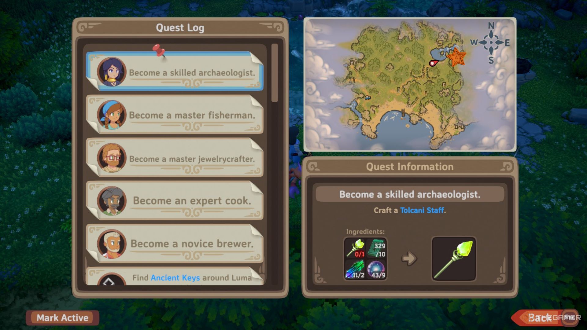 Menu with quests on the left and a map of the Farm on the right with an orange star edited onto the Mushroom Man's location in Luma Island.