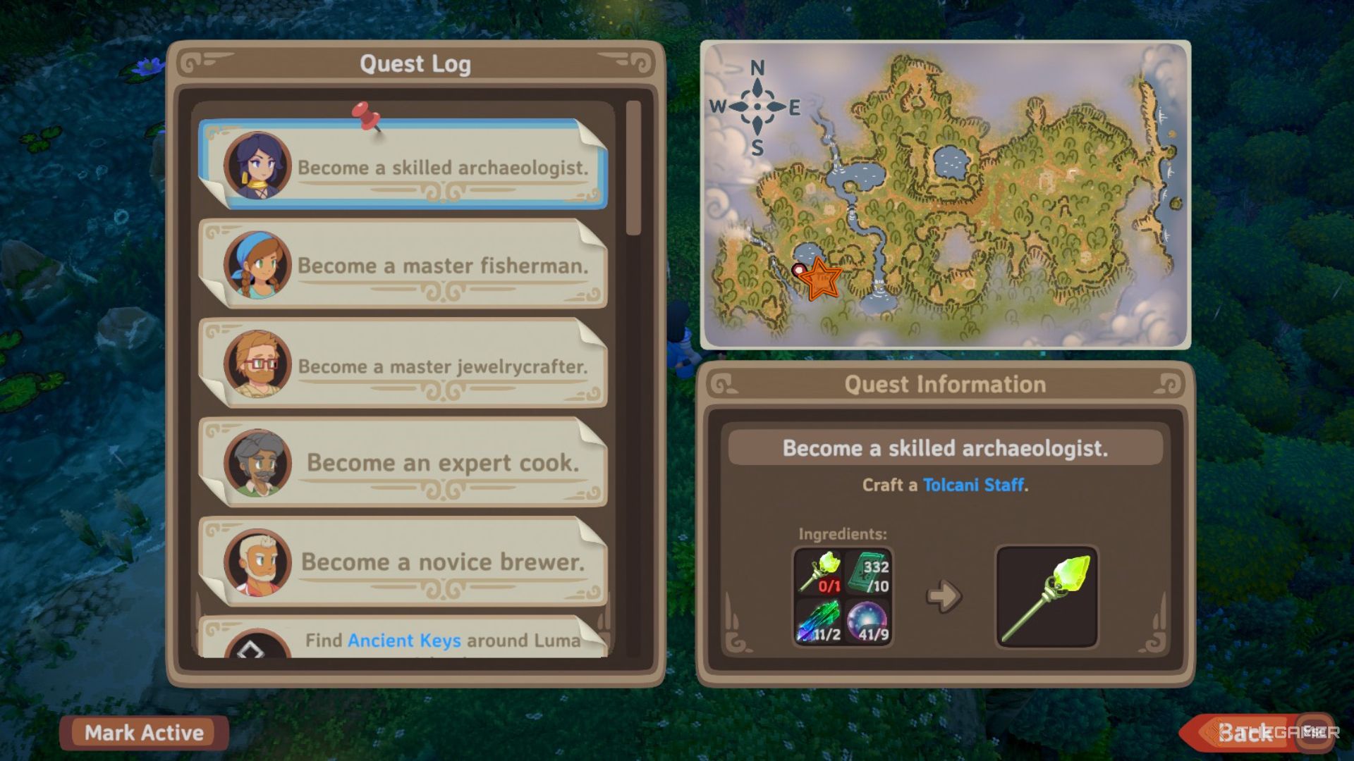 Menu with quests on the left and a map of the Forest on the right with an orange star edited onto the Mushroom Man's location in Luma Island.