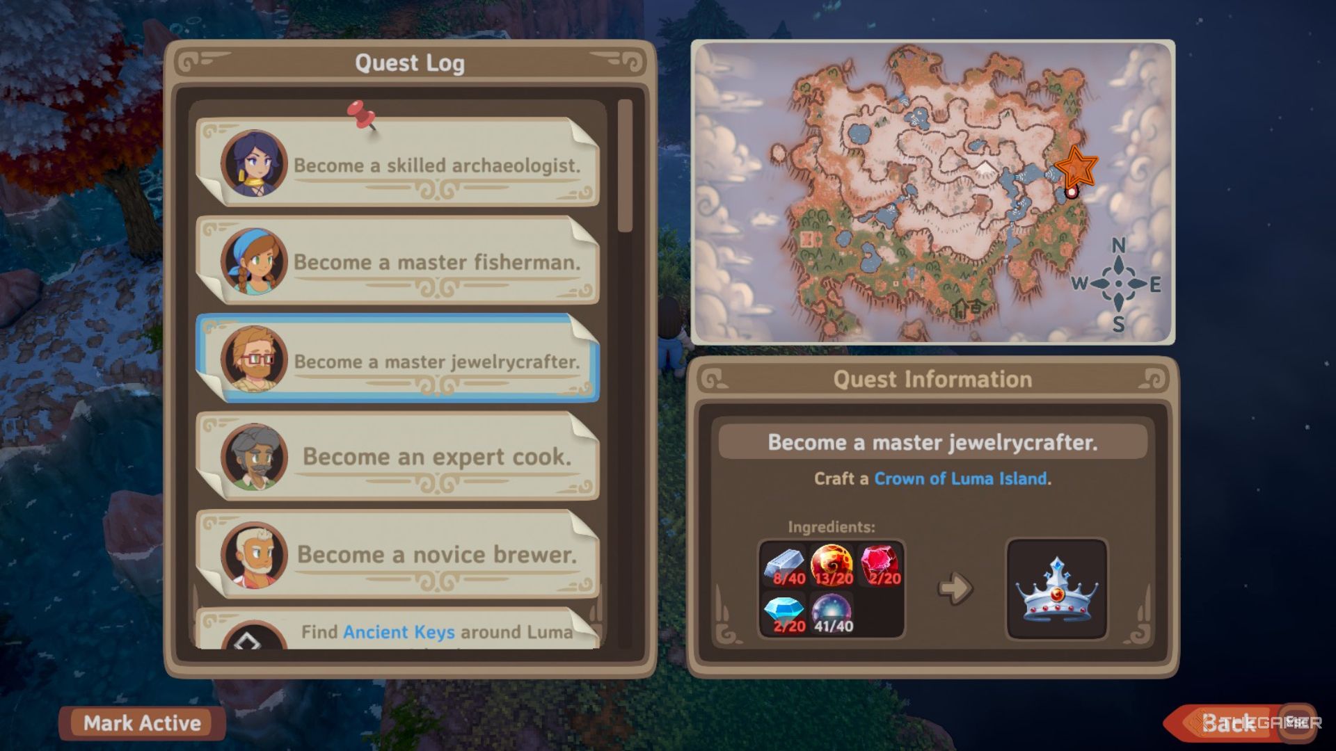 Menu with quests on the left and a map of the Mountain on the right with an orange star edited onto the Mushroom Man's location in Luma Island.