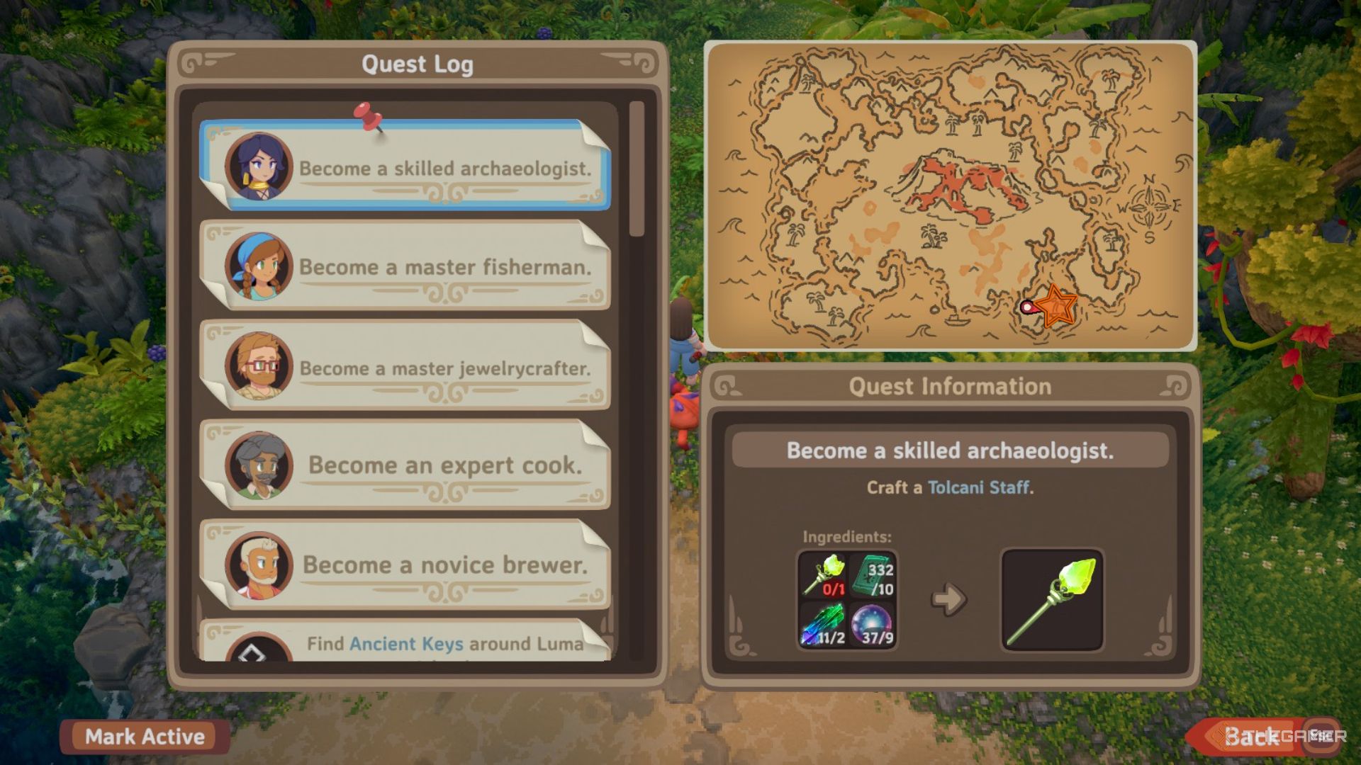 Menu with quests on the left and a map of the Jungle on the right with an orange star edited onto the Mushroom Man's location in Luma Island.