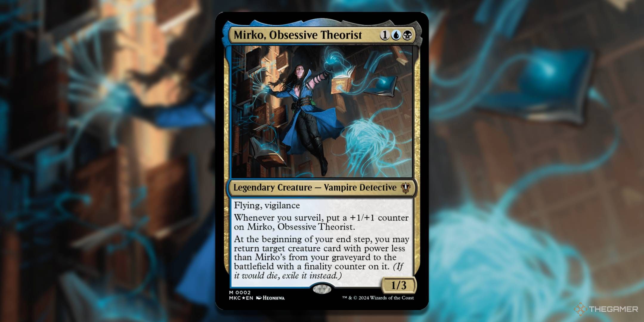 MTG Mirko, Obsessive Theorist card with the art in the background.