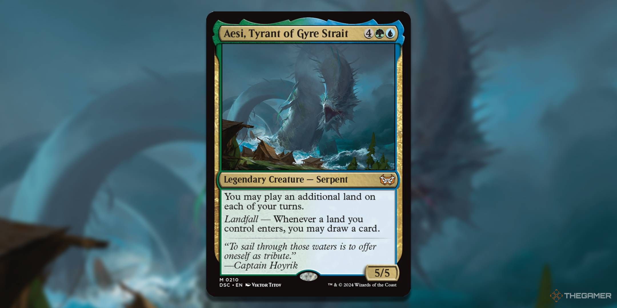 MTG Aesi, Tyrant of Gyre Strait card with the art in the background.