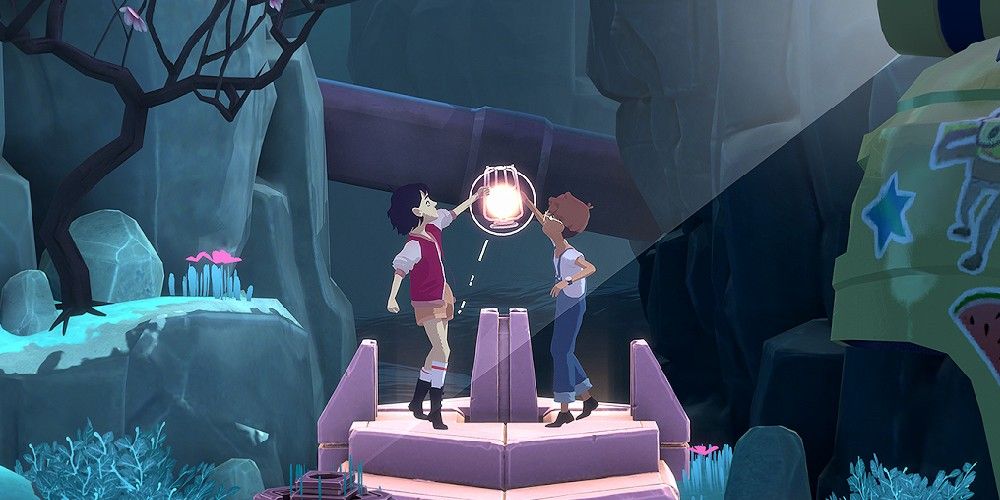 Two players from The Gardens Between touching an orb.