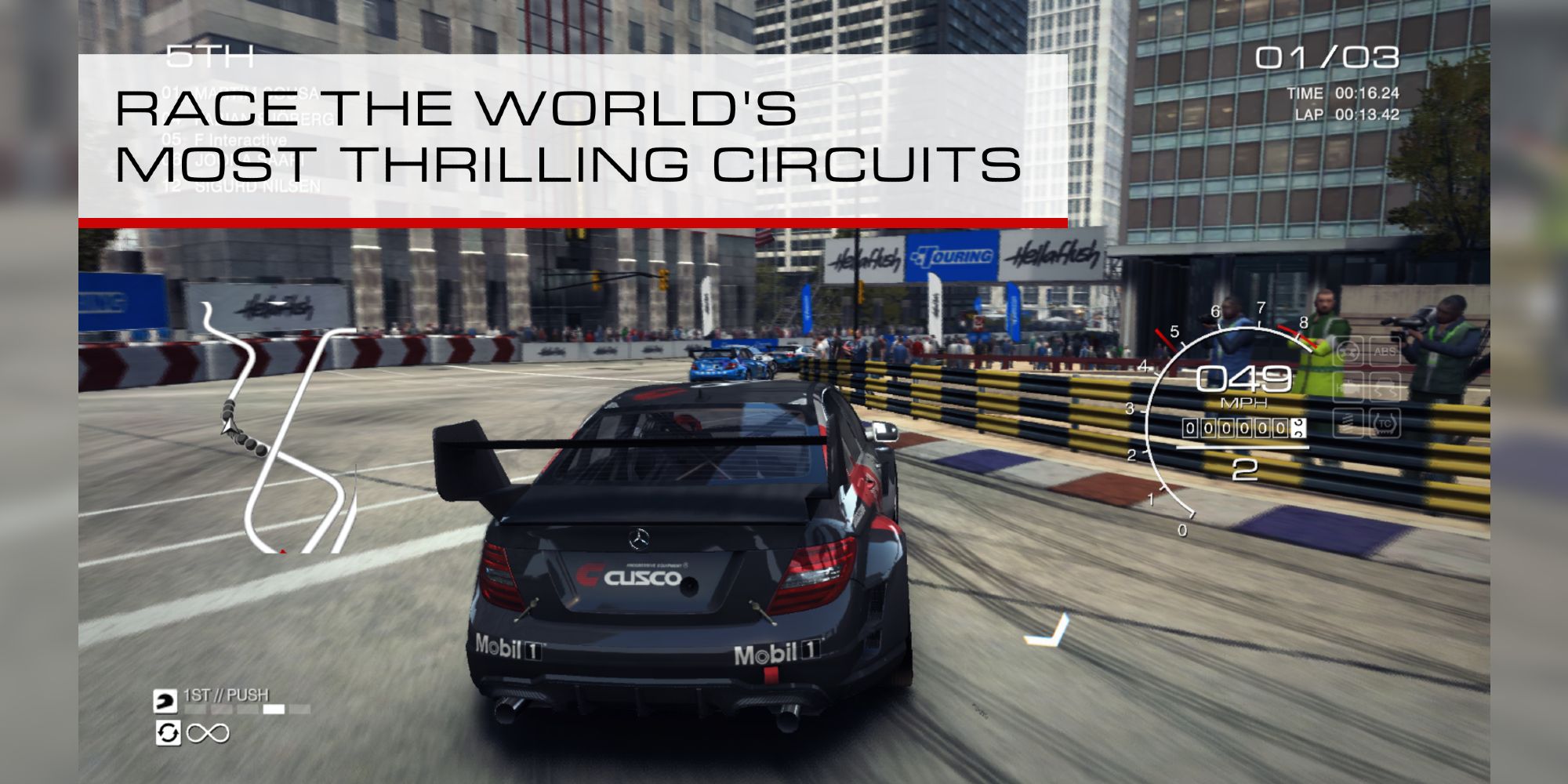 A Grid Autosport promotional screenshot showing cars driving in a track. 