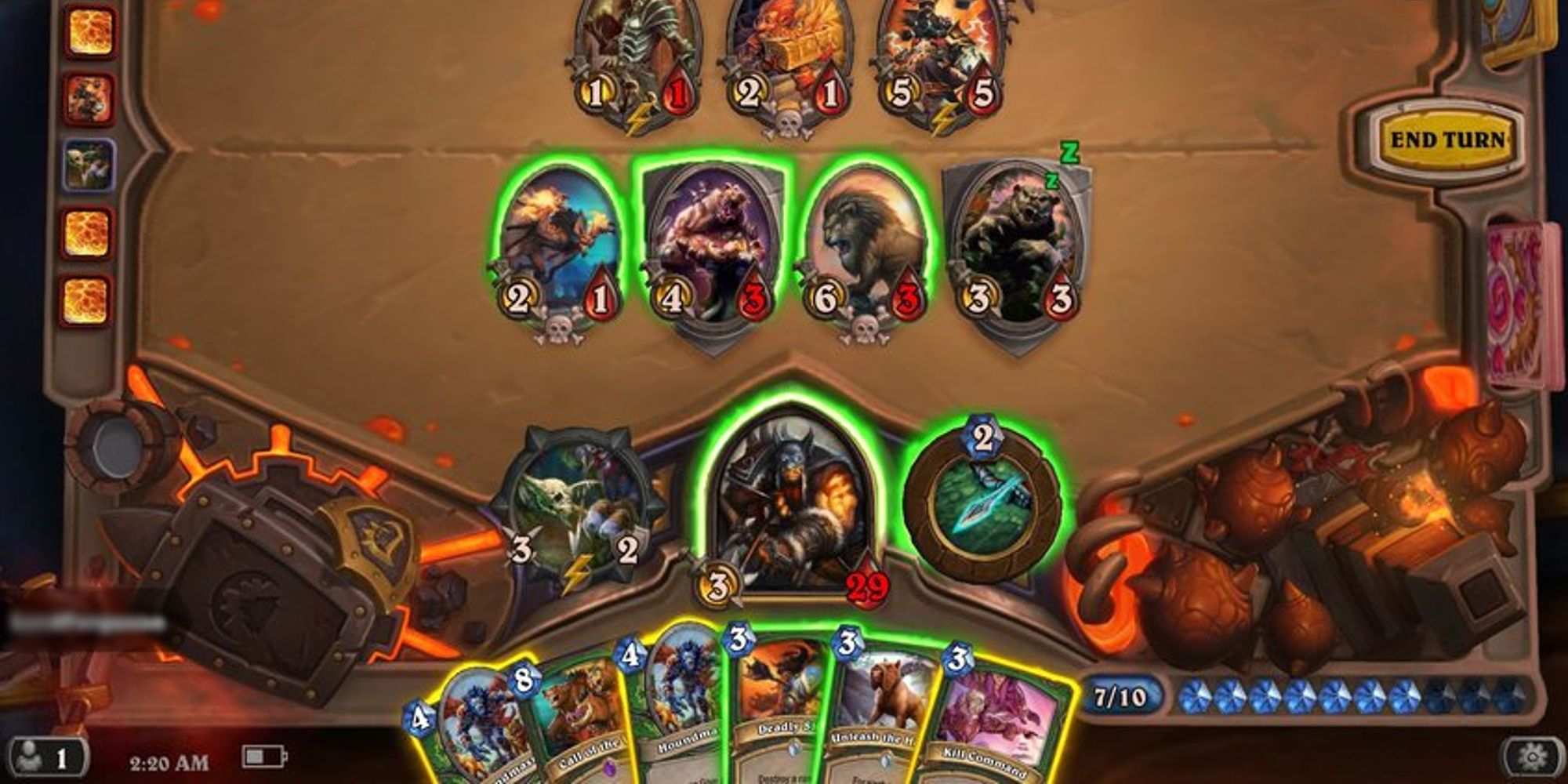 A match between two players in Hearthstone, with cards and Heroes being selected and drawn.