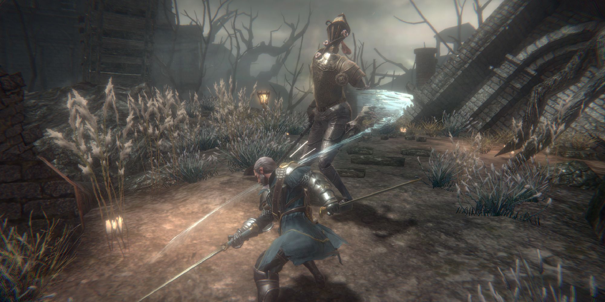 Pascal's Wager gameplay, showing a player swing their sword at an enemy. 