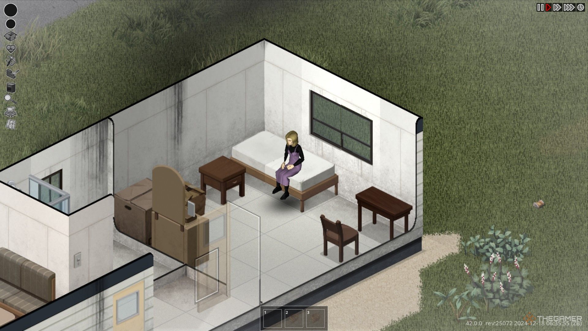 A photo of a Project Zomboid girl sitting on a bed.