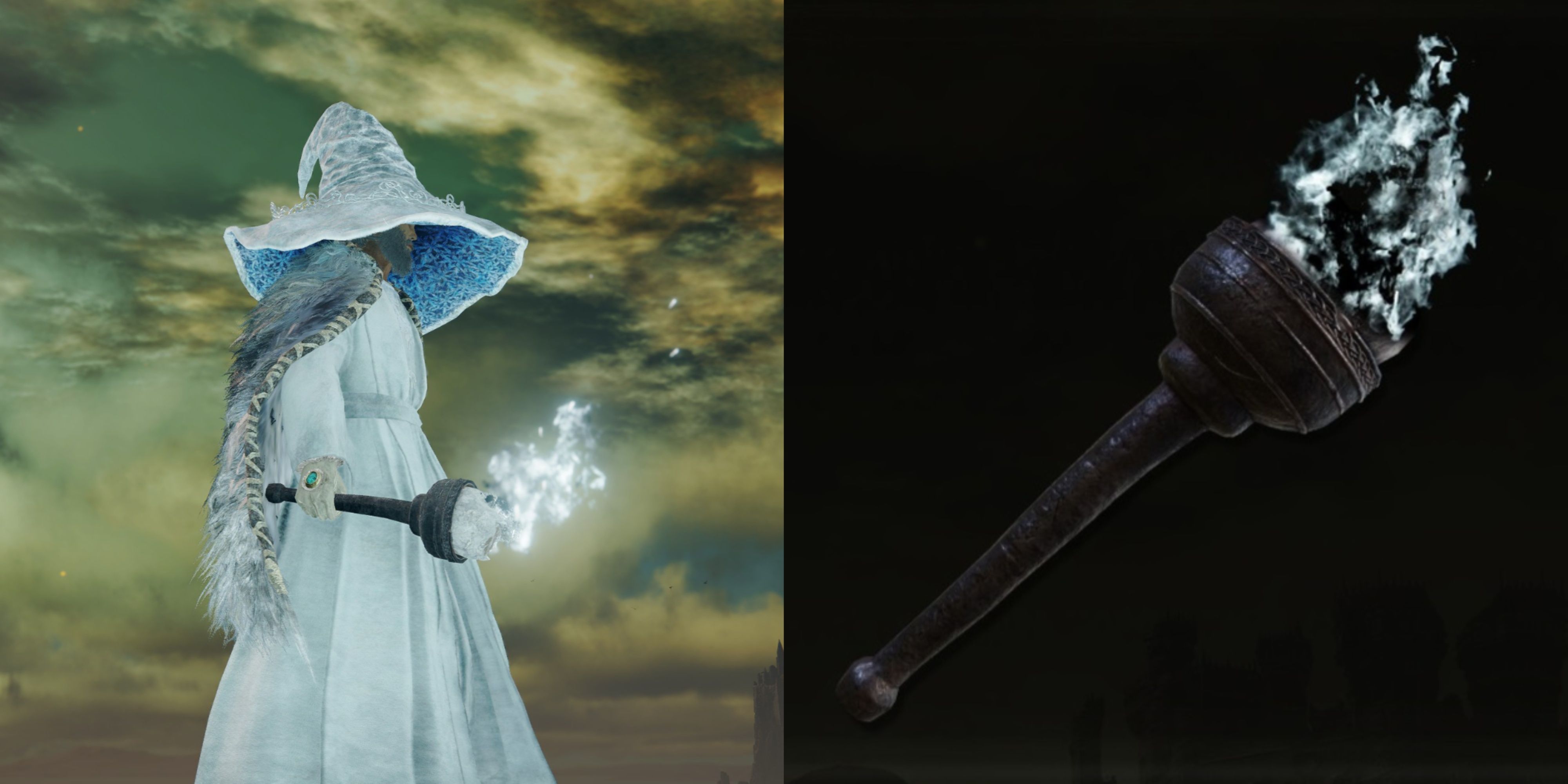 A split image of the Tarnished holding the Ghostflame Torch in Elden Ring.