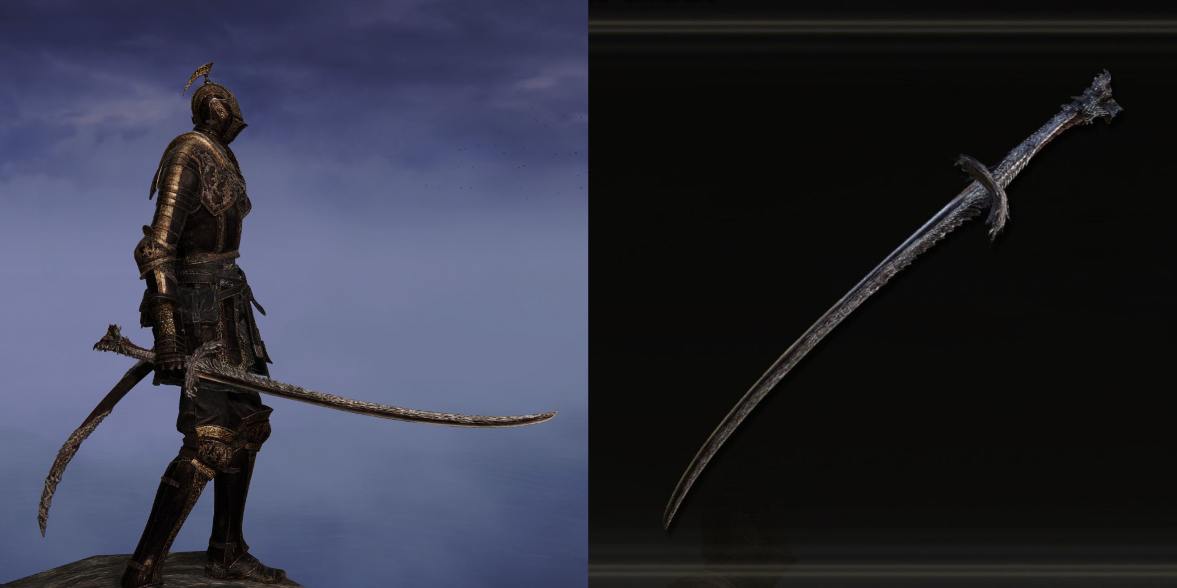 A split image of the Tarnished holding the Dragonscale Blade in Elden Ring.