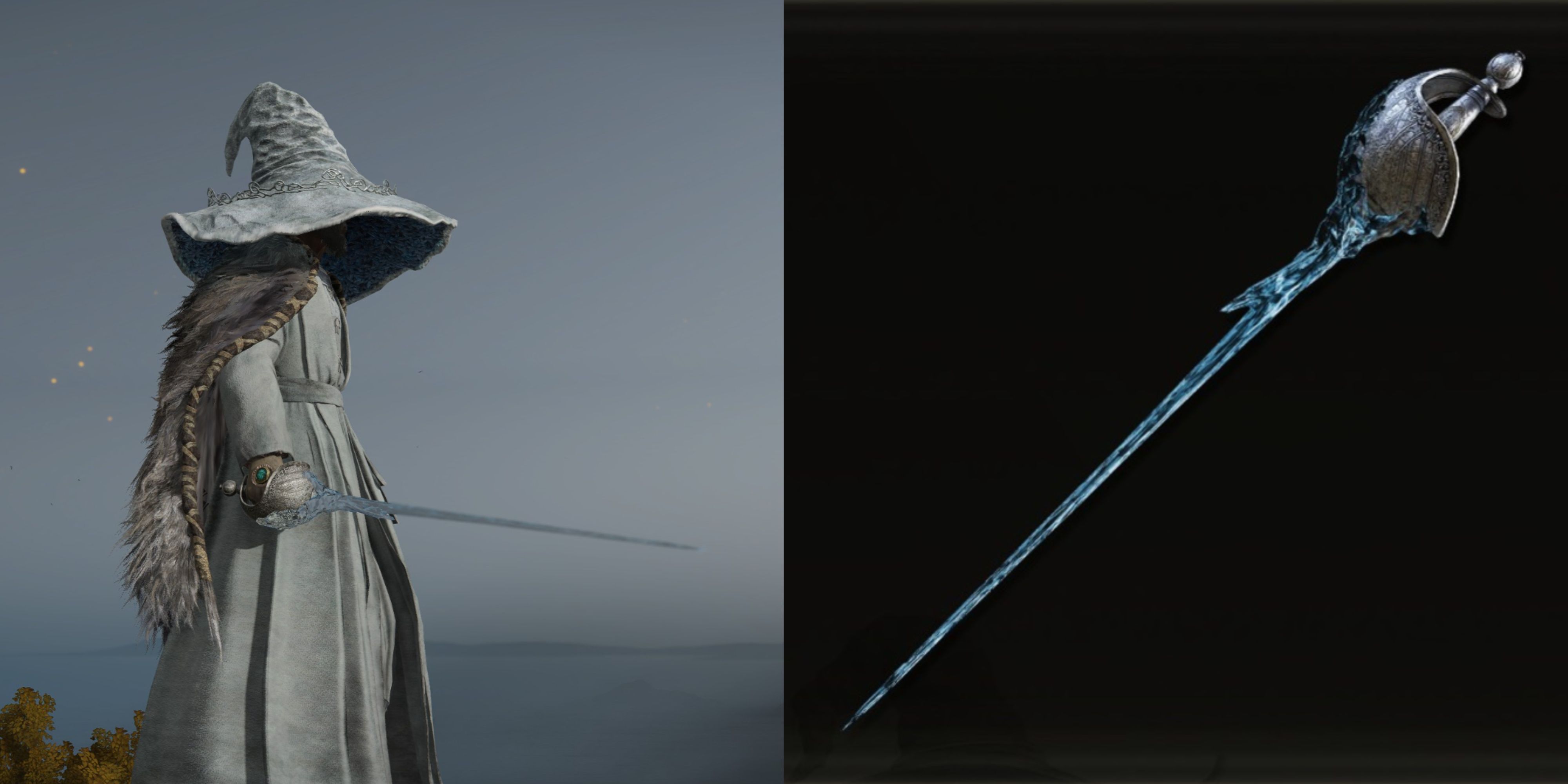 A split image of the Tarnished holding the Frozen Needle in Elden Ring.