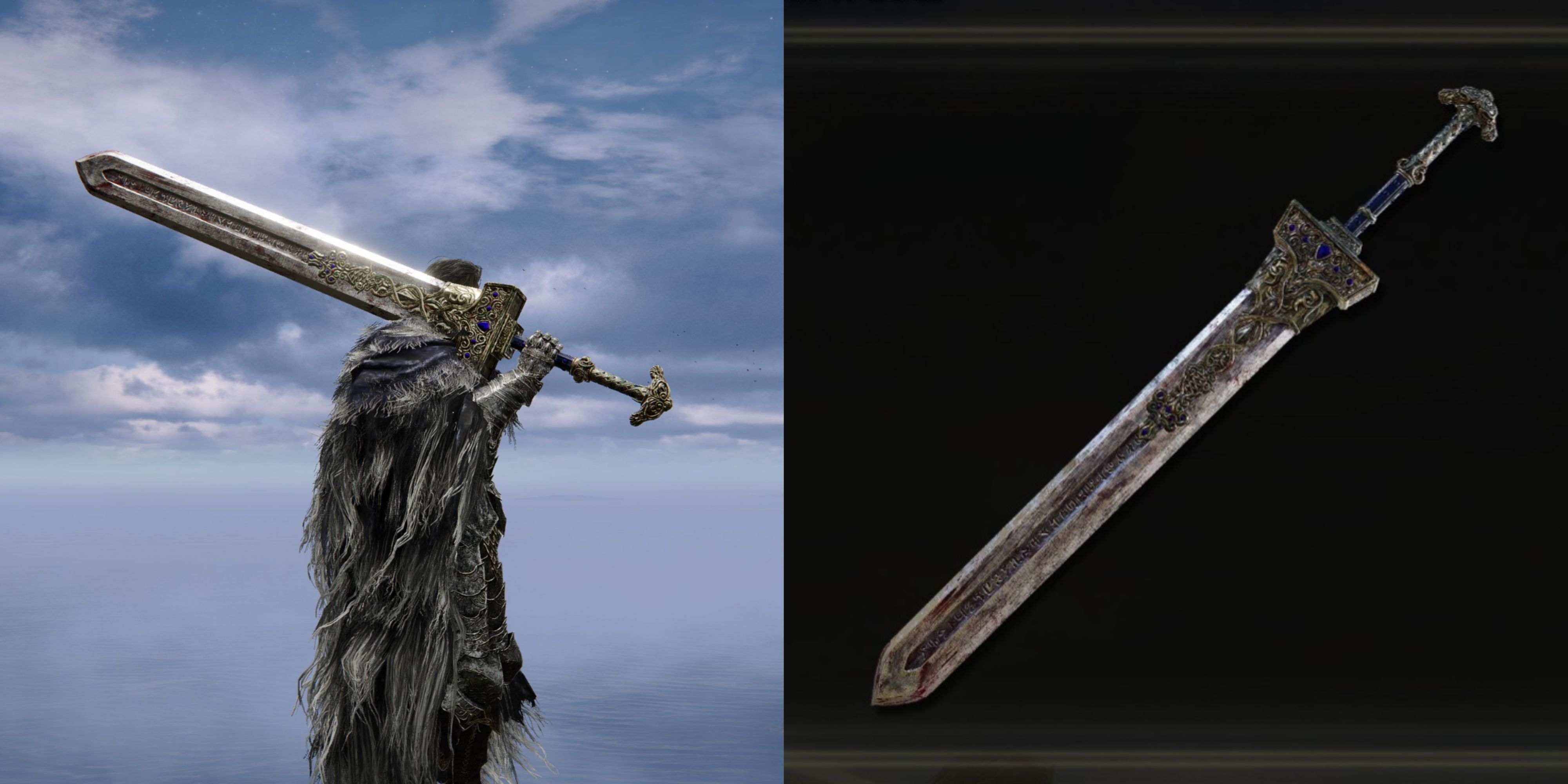 A split image of the Tarnished holding the Royal Greatsword in Elden Ring.