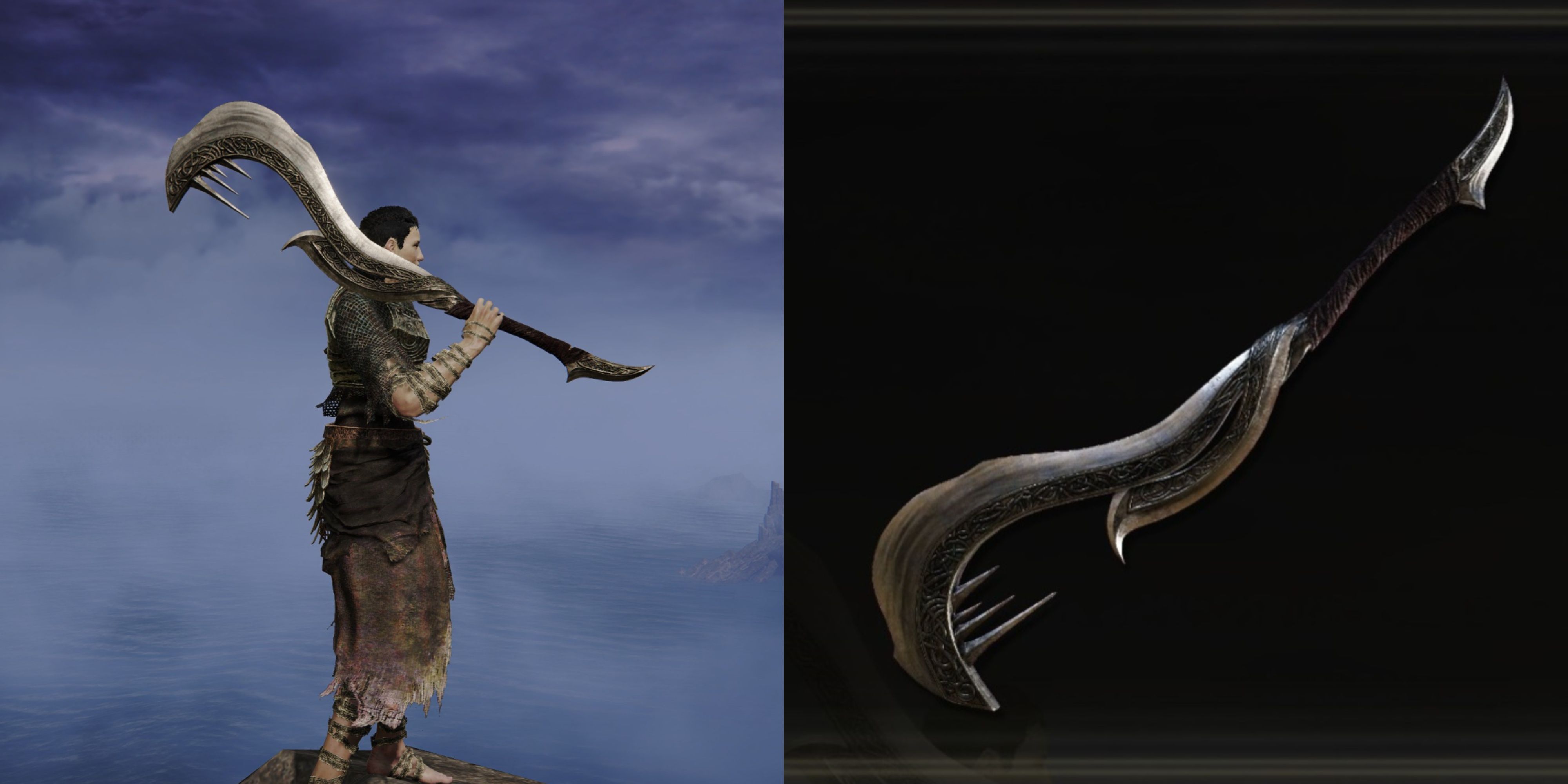 A split image of the Tarnished holding the Zamor Curved Sword in Elden Ring.