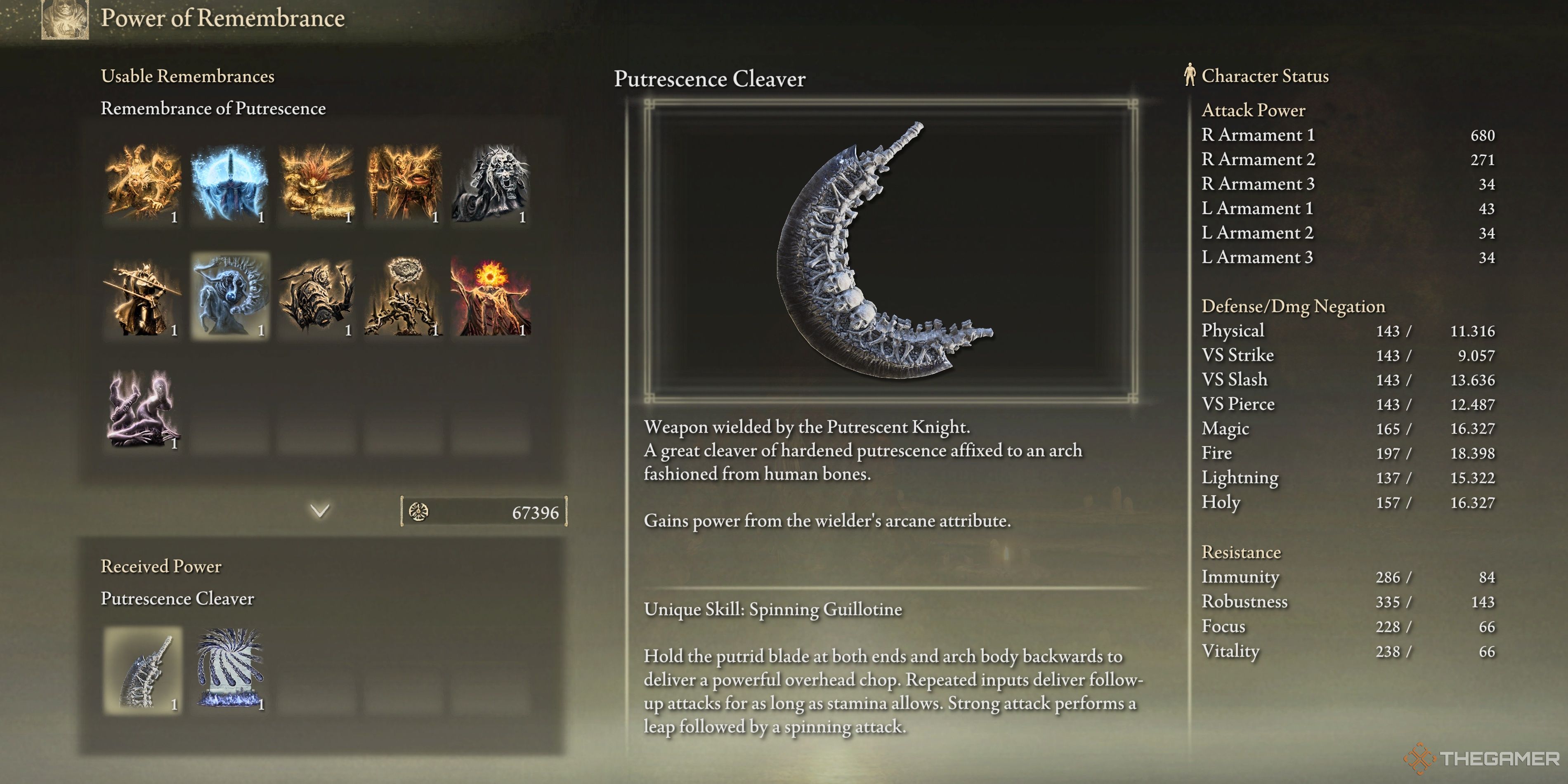 The Putrescence Cleaver in the Remembrance exchange menu in Elden Ring.