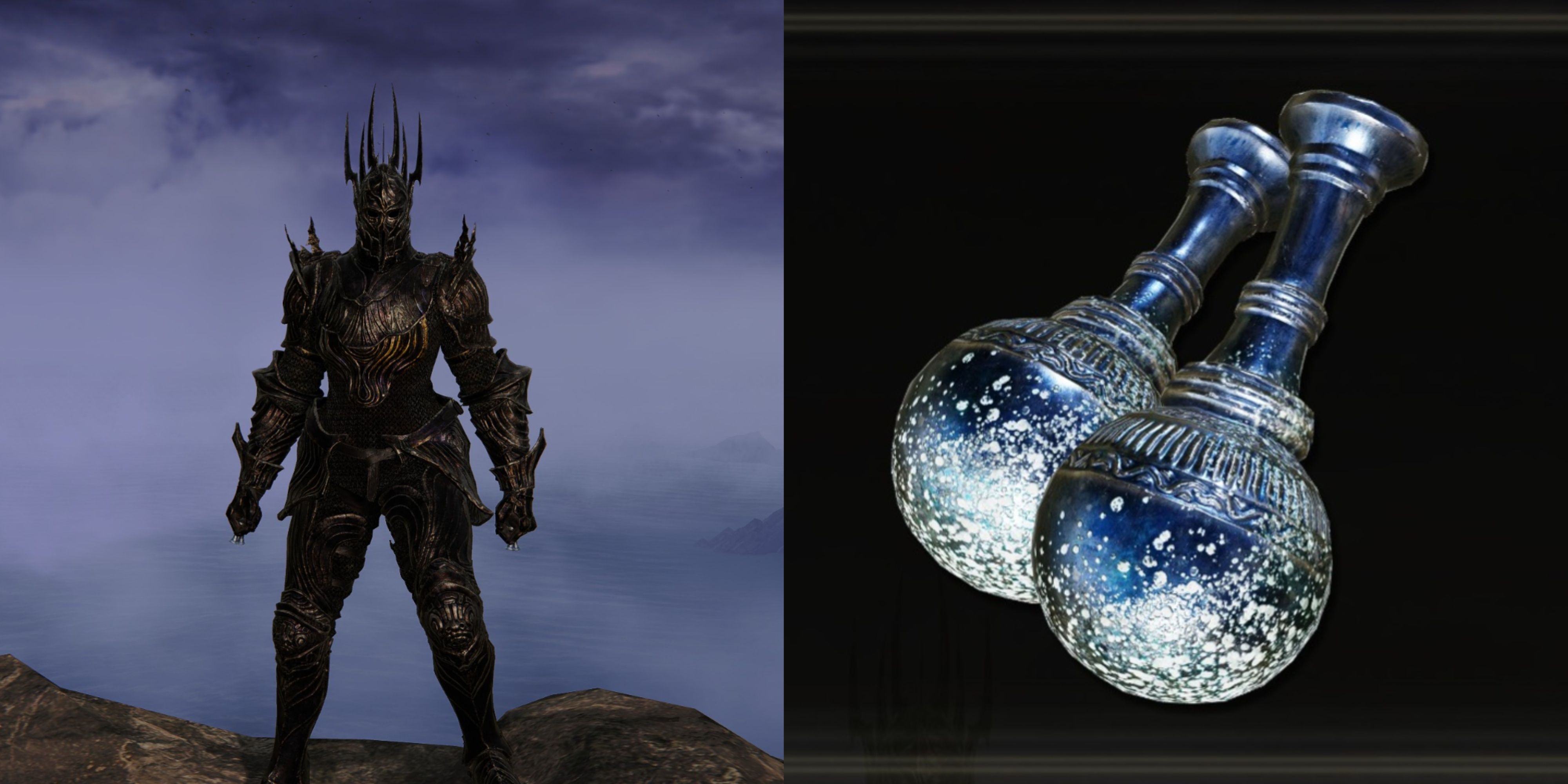 A split imgae of the Tarnished holding the Chilling Perfume Bottle in Elden Ring.