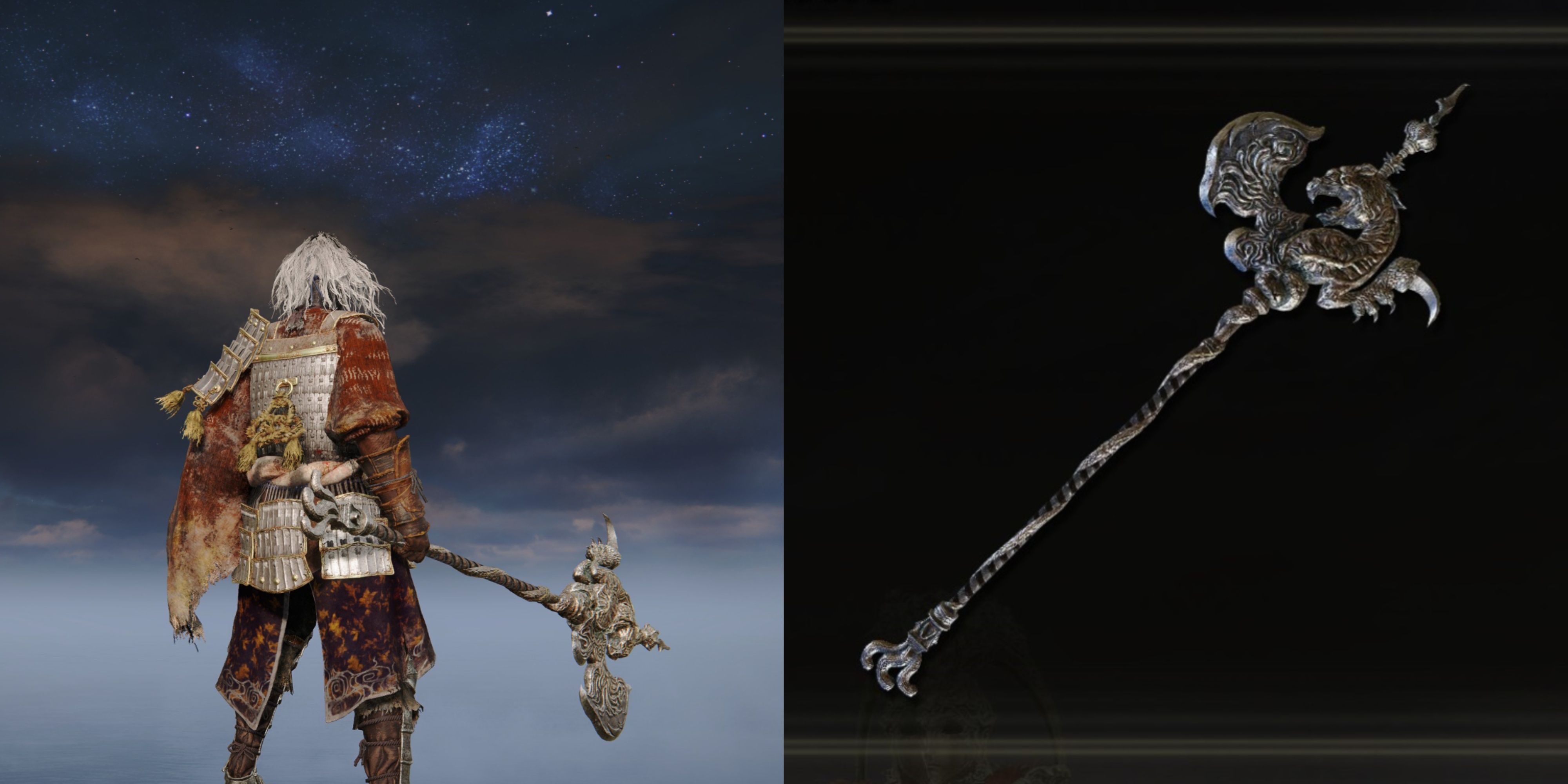 A split image of the Tarnished holding the Dragon Halberd in Elden Ring.