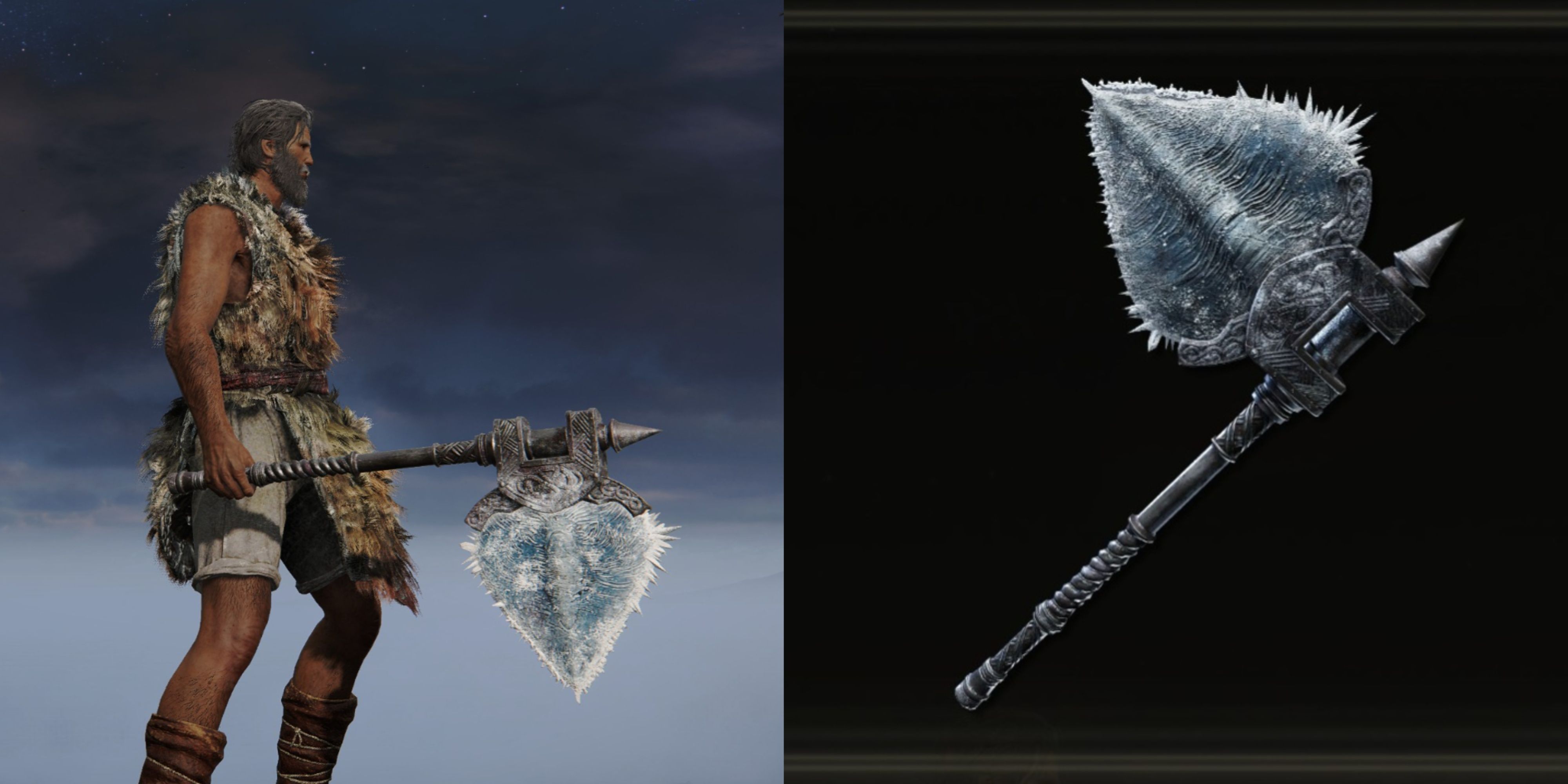 A split image of the Tarnished holding the Icerind Hatchet in Elden Ring.